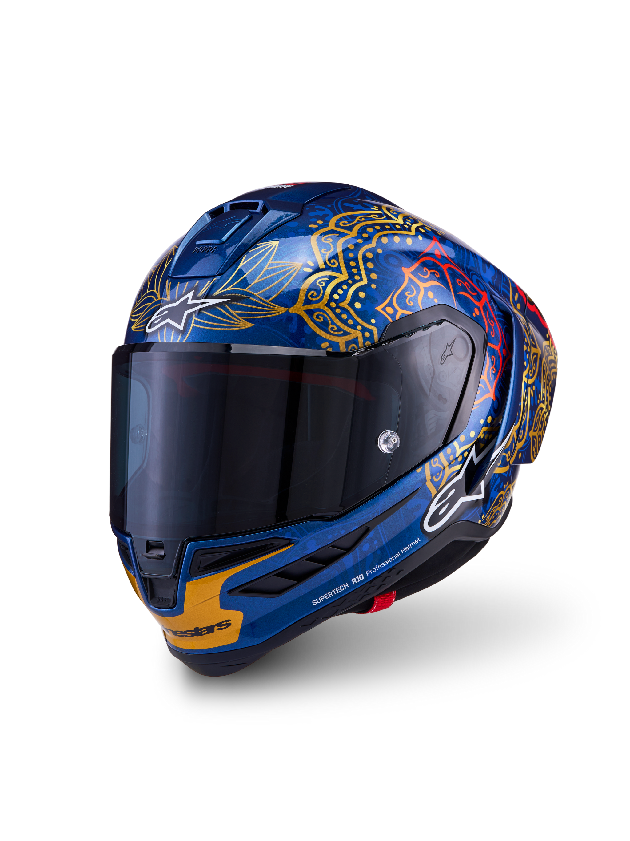 Casque de course Alpinestars Supertech R10 Martinator Thai, carbone bleu, graphismes dorés et visière fumée foncée.