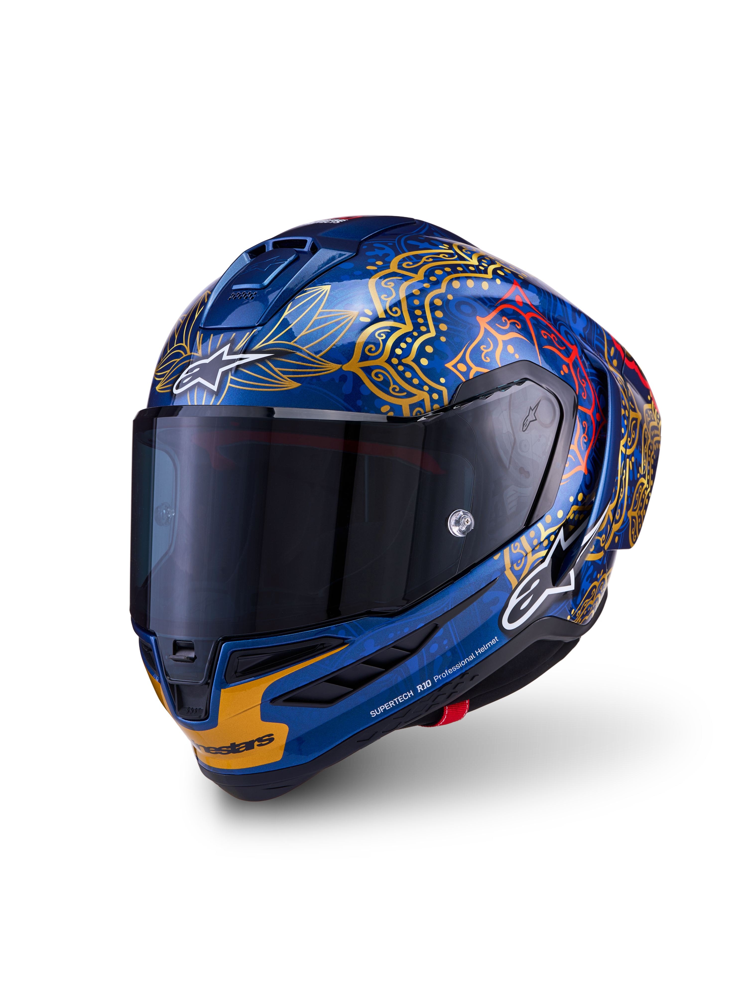 Casque de course Alpinestars Supertech R10 Martinator Thai, carbone bleu, graphismes dorés et visière fumée foncée.