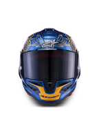 Casque Alpinestars Supertech R10 Martinator Thai LE, bleu métallisé et or, fibre de carbone, vue de face, visière teintée
