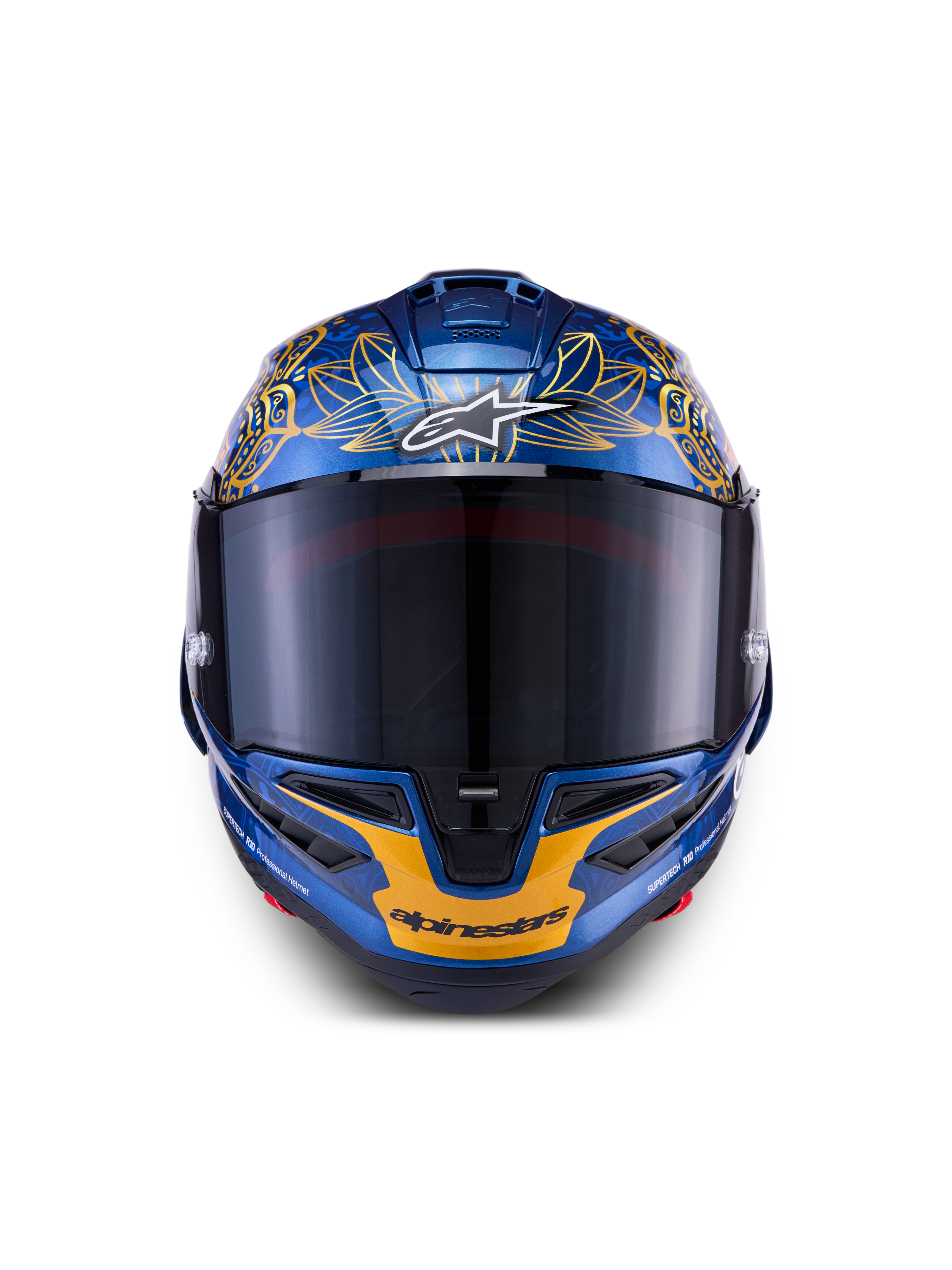 Casque Alpinestars Supertech R10 Martinator Thai LE, bleu métallisé et or, fibre de carbone, vue de face, visière teintée