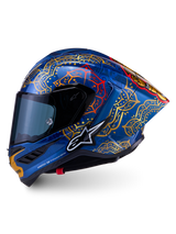 Casque Alpinestars Supertech R10 Martinator Thai bleu brillant aux motifs mandalas or et rouges avec coque en carbone.