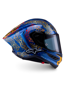 Alpinestars Supertech R10 Martinator Thai Helm, Blau und Gold, Karbon-Schale, FIM-zertifiziert, MotoGP-Rennsport.