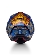Casque Supertech R10 Martinator Thai, vue arrière de la coque en carbone bleu brillant aux graphismes dorés complexes.