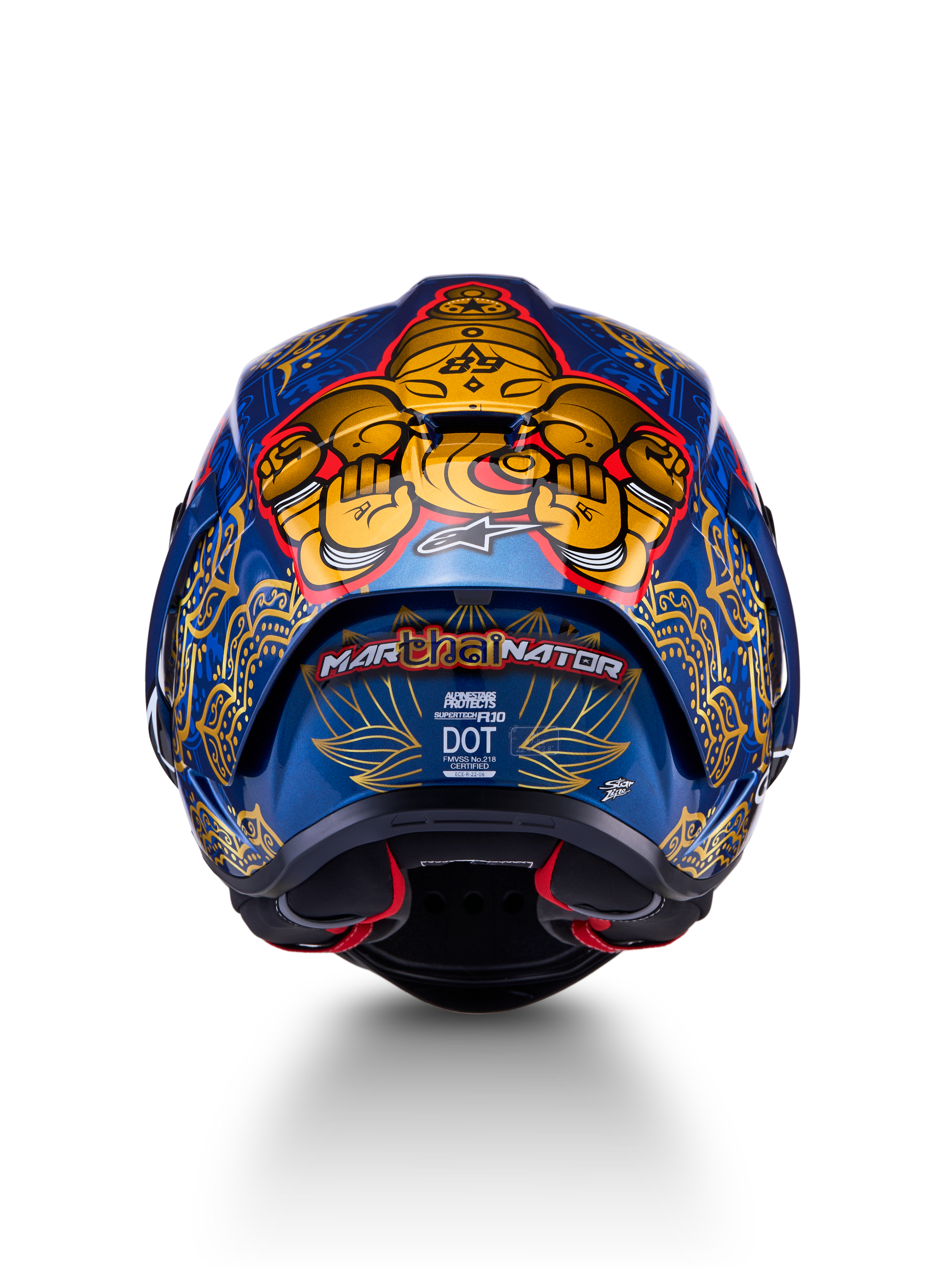Casque Supertech R10 Martinator Thai, vue arrière de la coque en carbone bleu brillant aux graphismes dorés complexes.