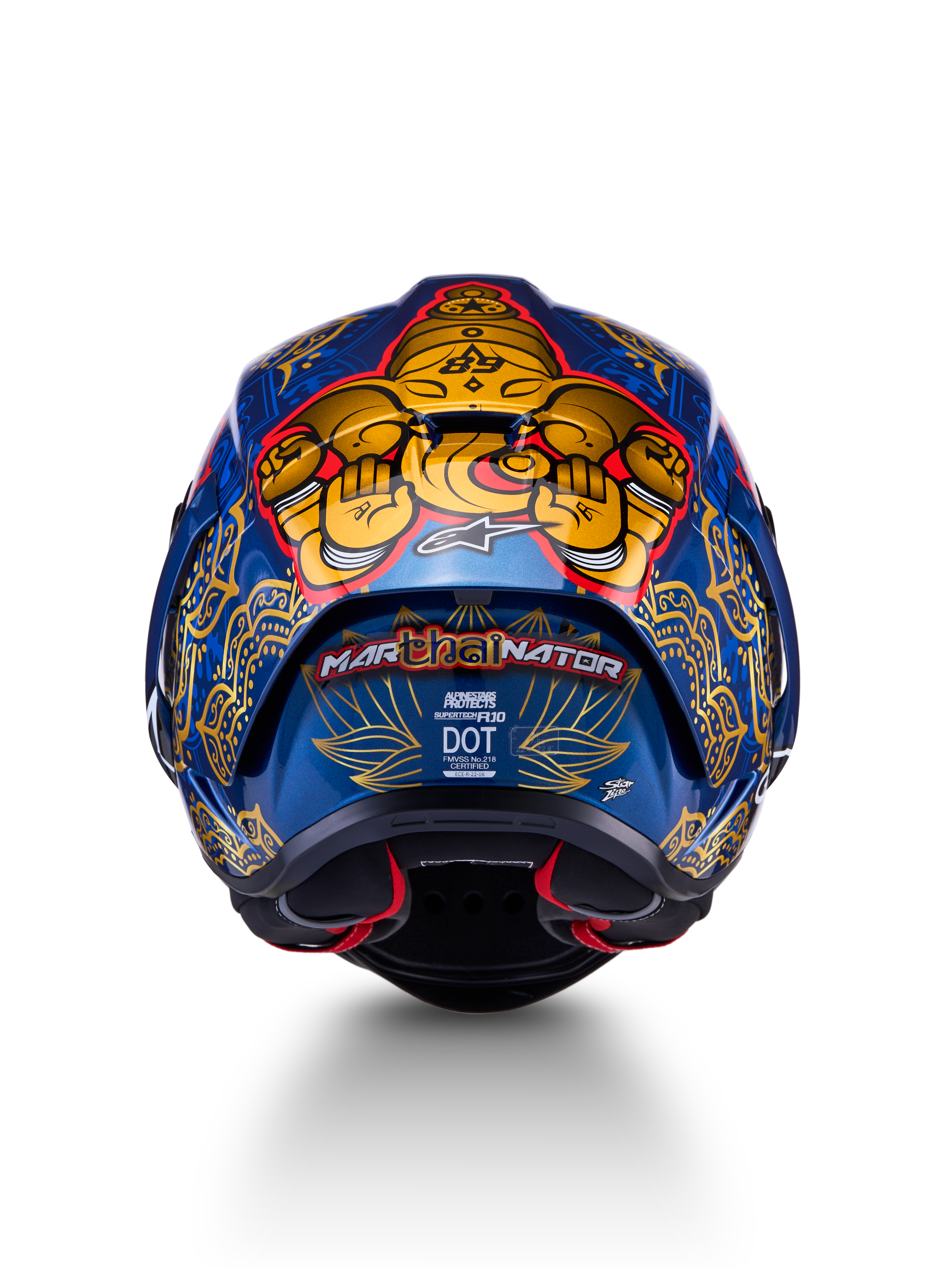 Casque Supertech R10 Martinator Thai, vue arrière de la coque en carbone bleu brillant aux graphismes dorés complexes.
