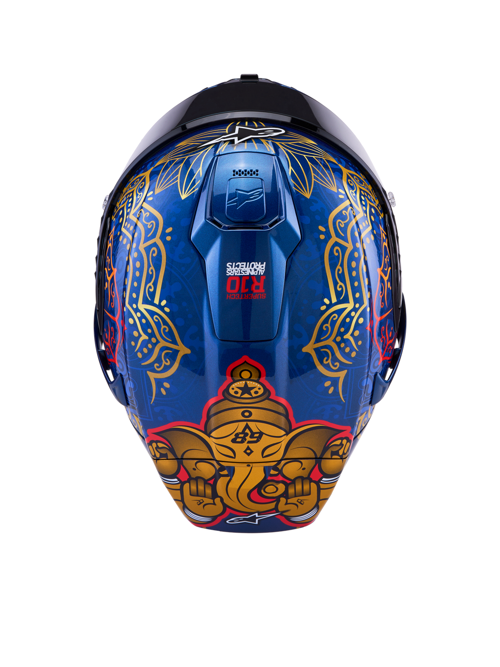 Casque Alpinestars Supertech R10 Martinator Thai, coque carbone bleu brillant, graphisme d'éléphant doré et motifs complexes.