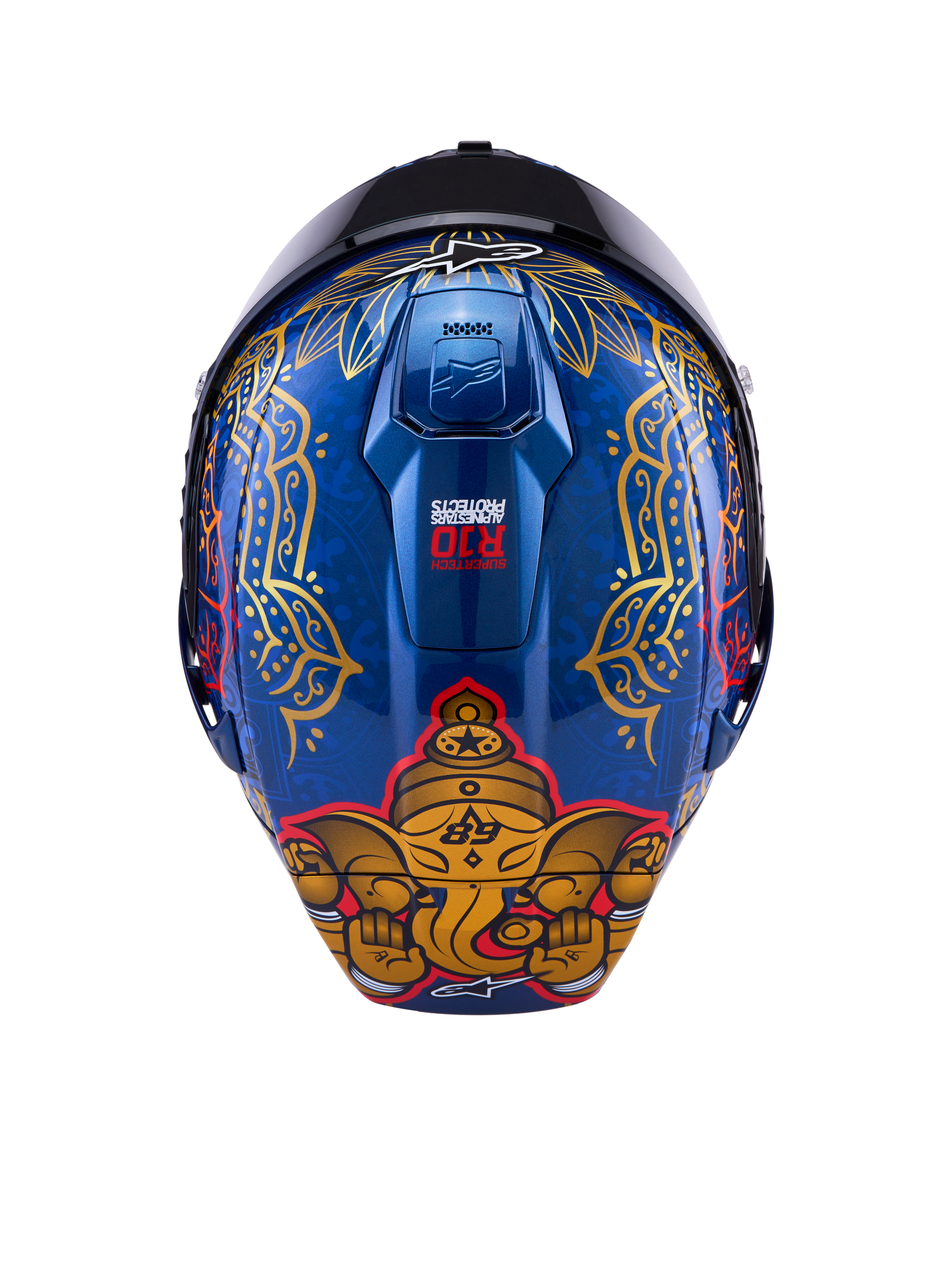 Casque Alpinestars Supertech R10 Martinator Thai, coque carbone bleu brillant, graphisme d'éléphant doré et motifs complexes.