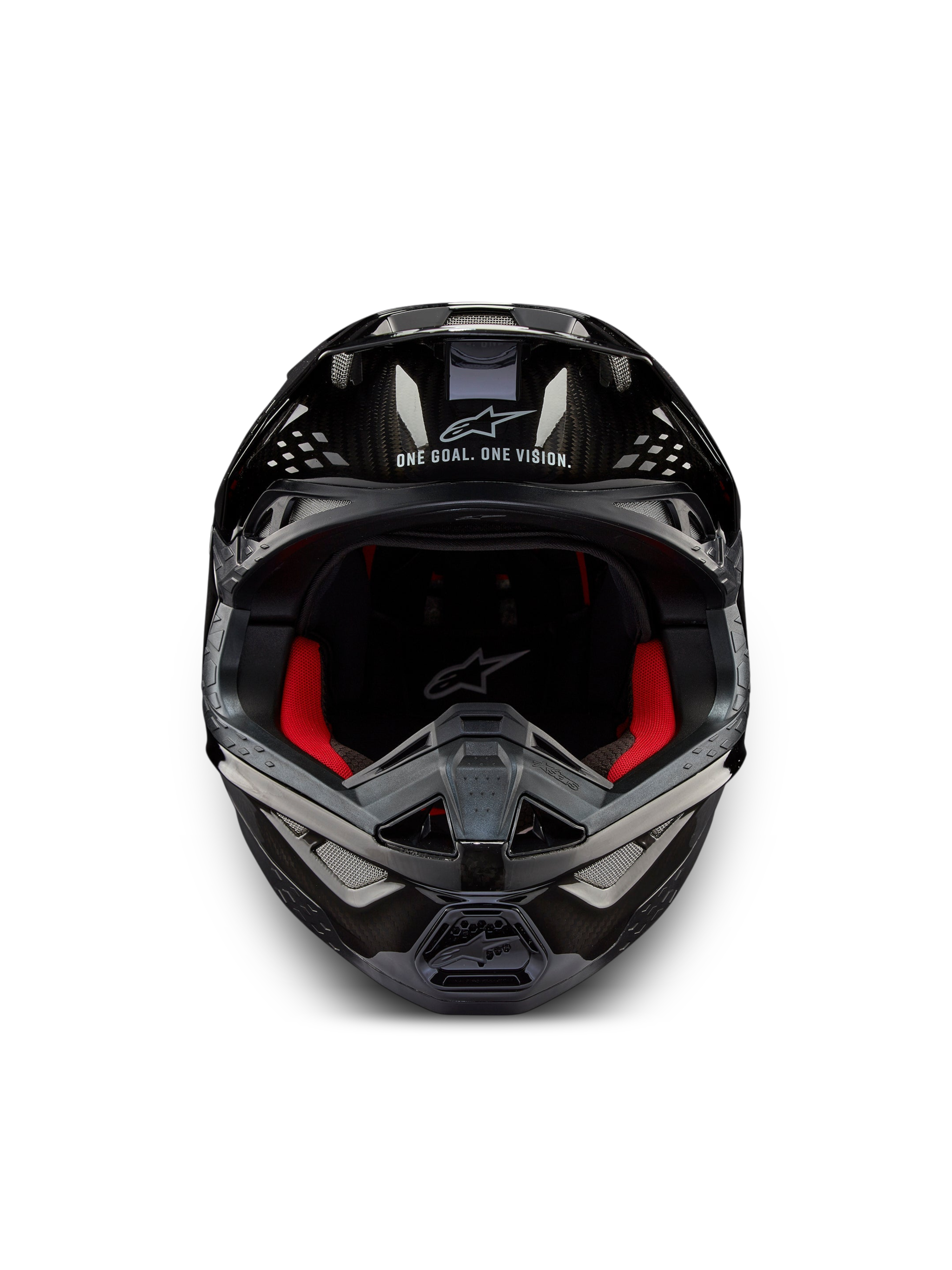 Alpinestars Supertech M10 Solid helm ECE 22.06, frontale motocrosshelm in glanzend zwart carbon met rode binnenvoering en ventilatieopeningen