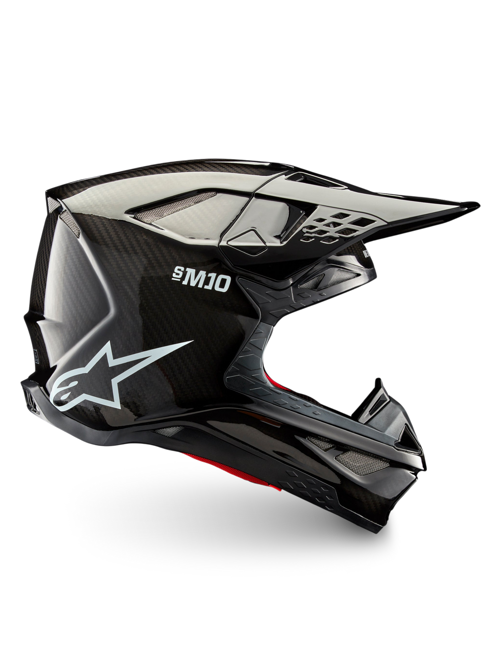 Alpinestars Supertech M10 Solid motocrosshelm, zijaanzicht, zwart glanzend carbon, carbonvezelschaal, peakvizier en ventilatiepoorten voor off-road rijden