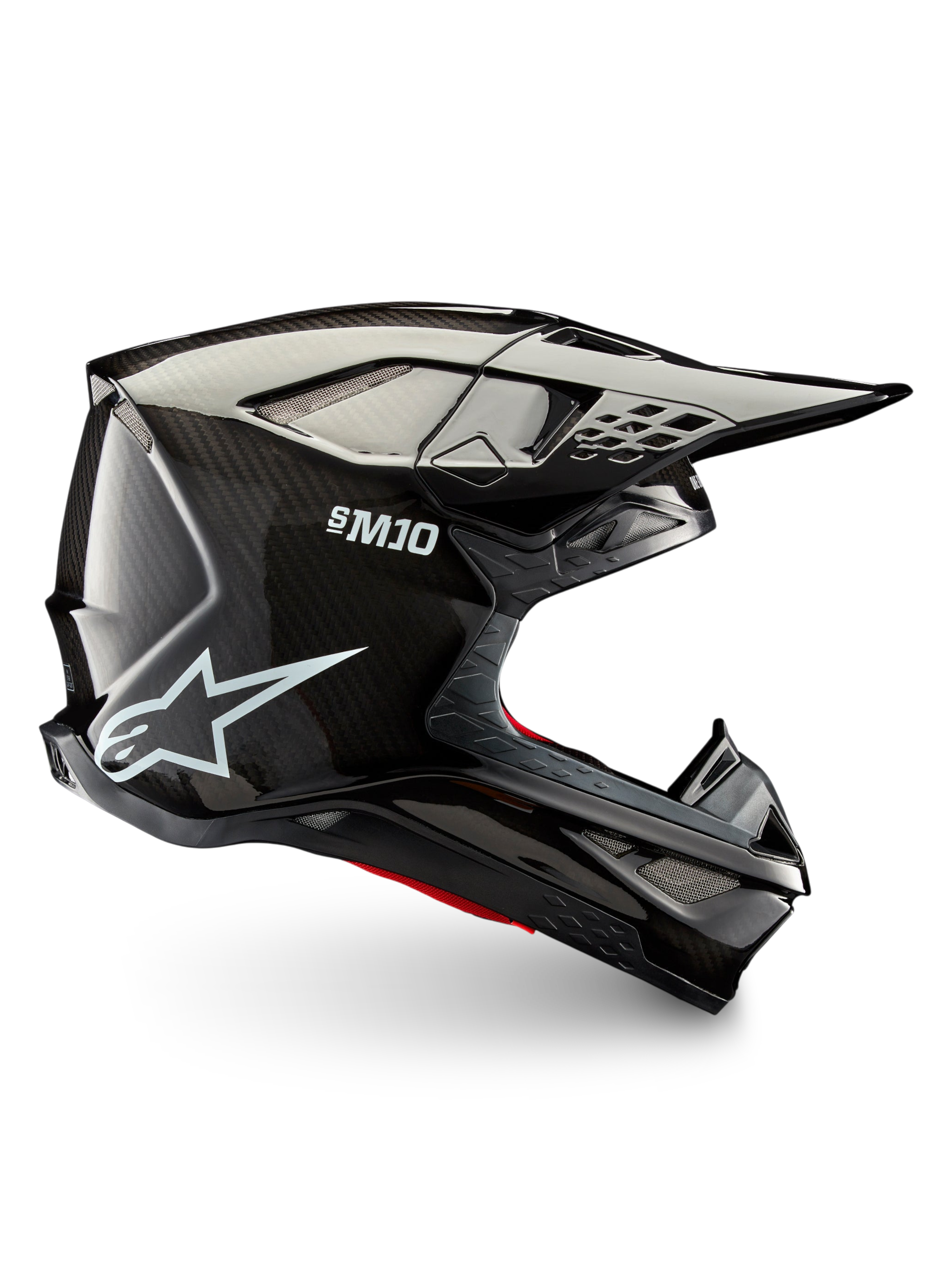 Alpinestars Supertech M10 Solid Helm ECE 22.06, schwarzer glänzender Carbon-Motocrosshelm mit Carbon-Schale, Visier und Belüftungsöffnungen für Offroad-Fahrten