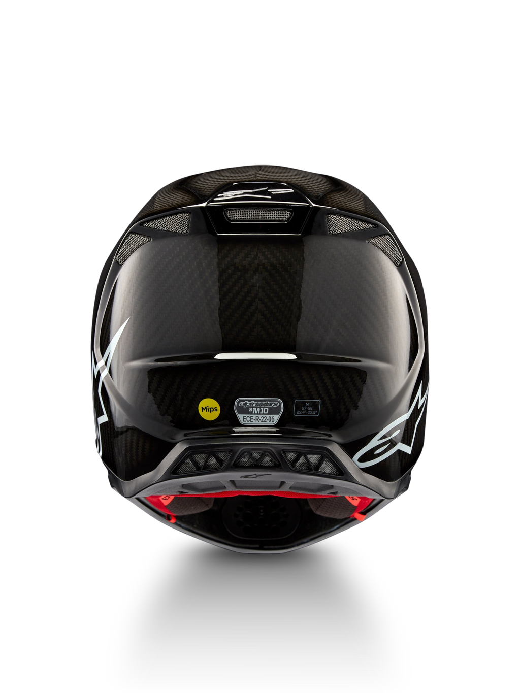 Alpinestars Supertech M10 Solid helm ECE 22.06, zwarte glanzende carbonmotocrosshelm, achteraanzicht met witte graphics, ventilatiepoorten, MIPS en ECE-R 22.06-certificering