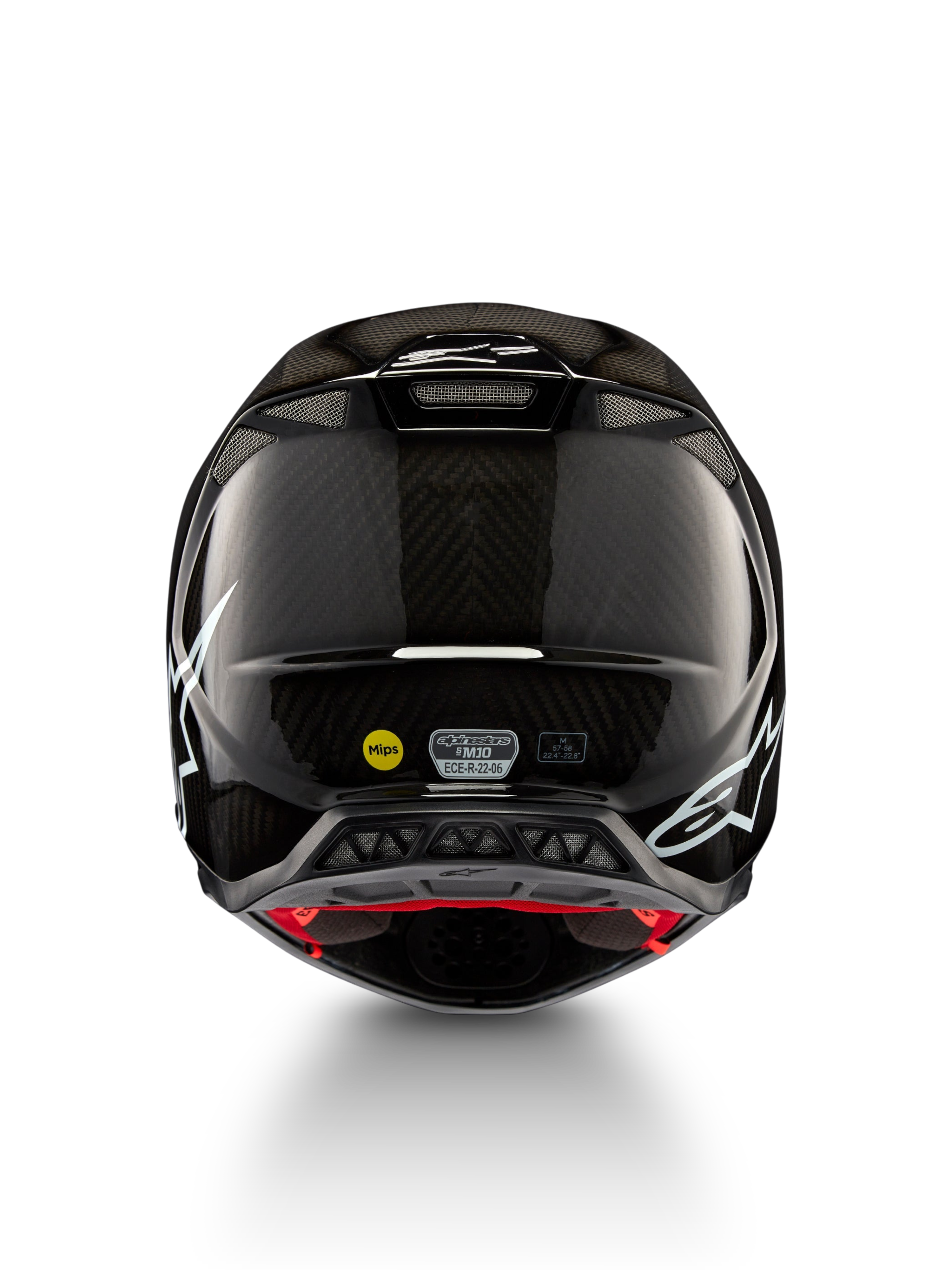 Alpinestars Supertech M10 Solid helm ECE 22.06, zwarte glanzende carbonmotocrosshelm, achteraanzicht met witte graphics, ventilatiepoorten, MIPS en ECE-R 22.06-certificering