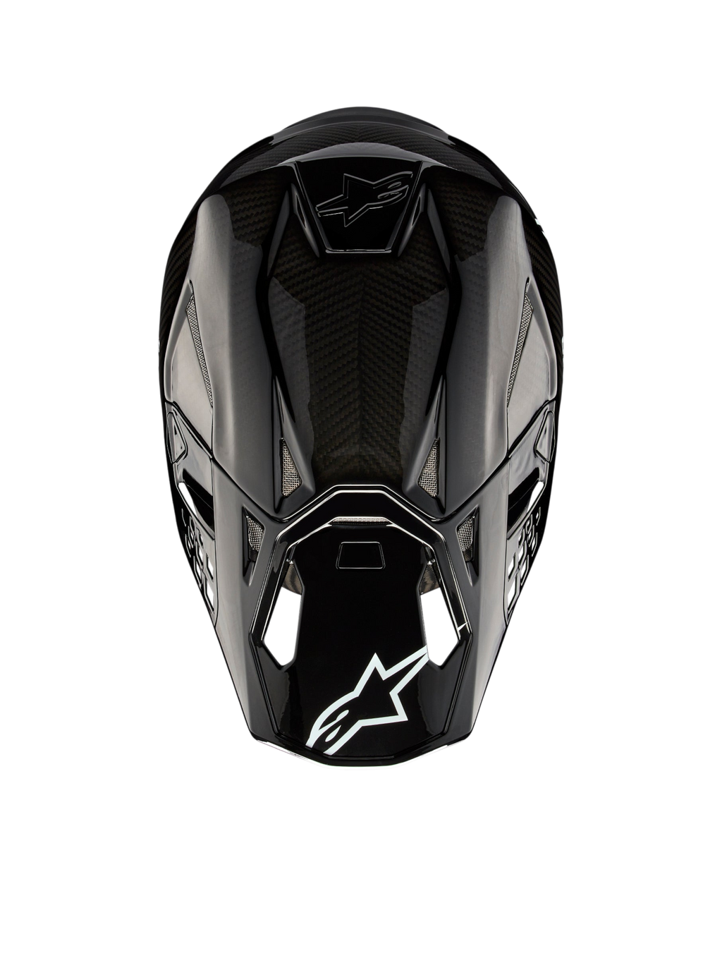 Alpinestars Supertech M10 Solid Helm ECE 22.06, zwart glanzend carbon motocrosshelm, achteraanzicht met ventilatieopeningen en Alpinestars-logo, ECE-gecertificeerd
