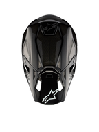 Alpinestars Supertech M10 Solid Helm ECE 22.06, zwart glanzend carbon motocrosshelm, achteraanzicht met ventilatieopeningen en Alpinestars-logo, ECE-gecertificeerd