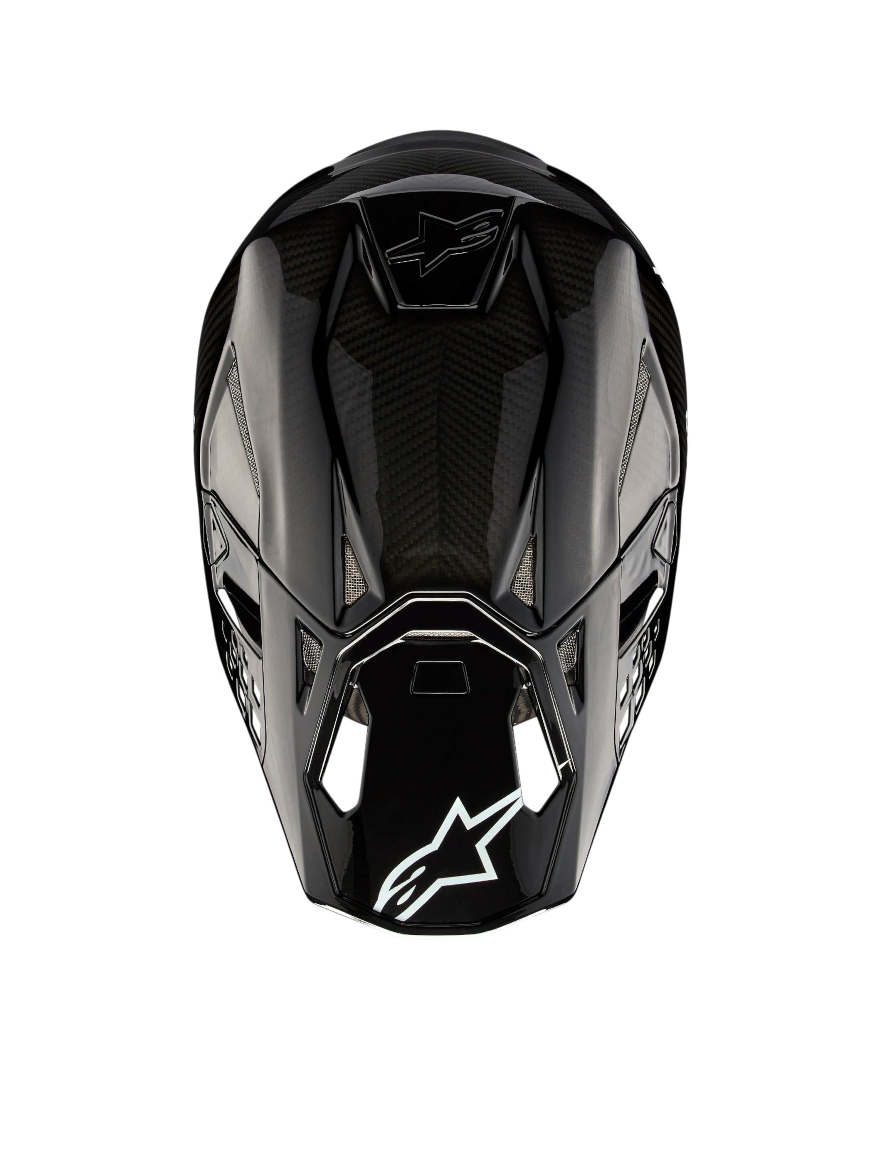 Alpinestars Supertech M10 Solid Helm ECE 22.06, zwart glanzend carbon motocrosshelm, achteraanzicht met ventilatieopeningen en Alpinestars-logo, ECE-gecertificeerd