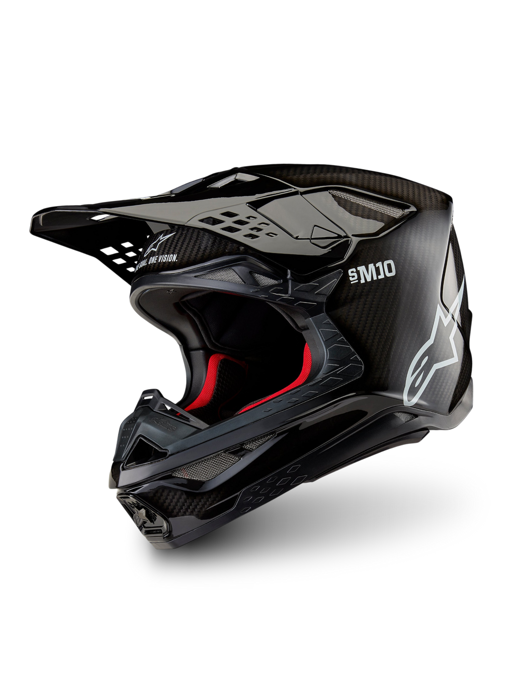 Alpinestars Supertech M10 Solid helm ECE 22.06, glanzend zwarte carbon-motocrosshelm met koolstofvezelschaal, vizierklep en rode binnenvoering, driekwartaanzicht