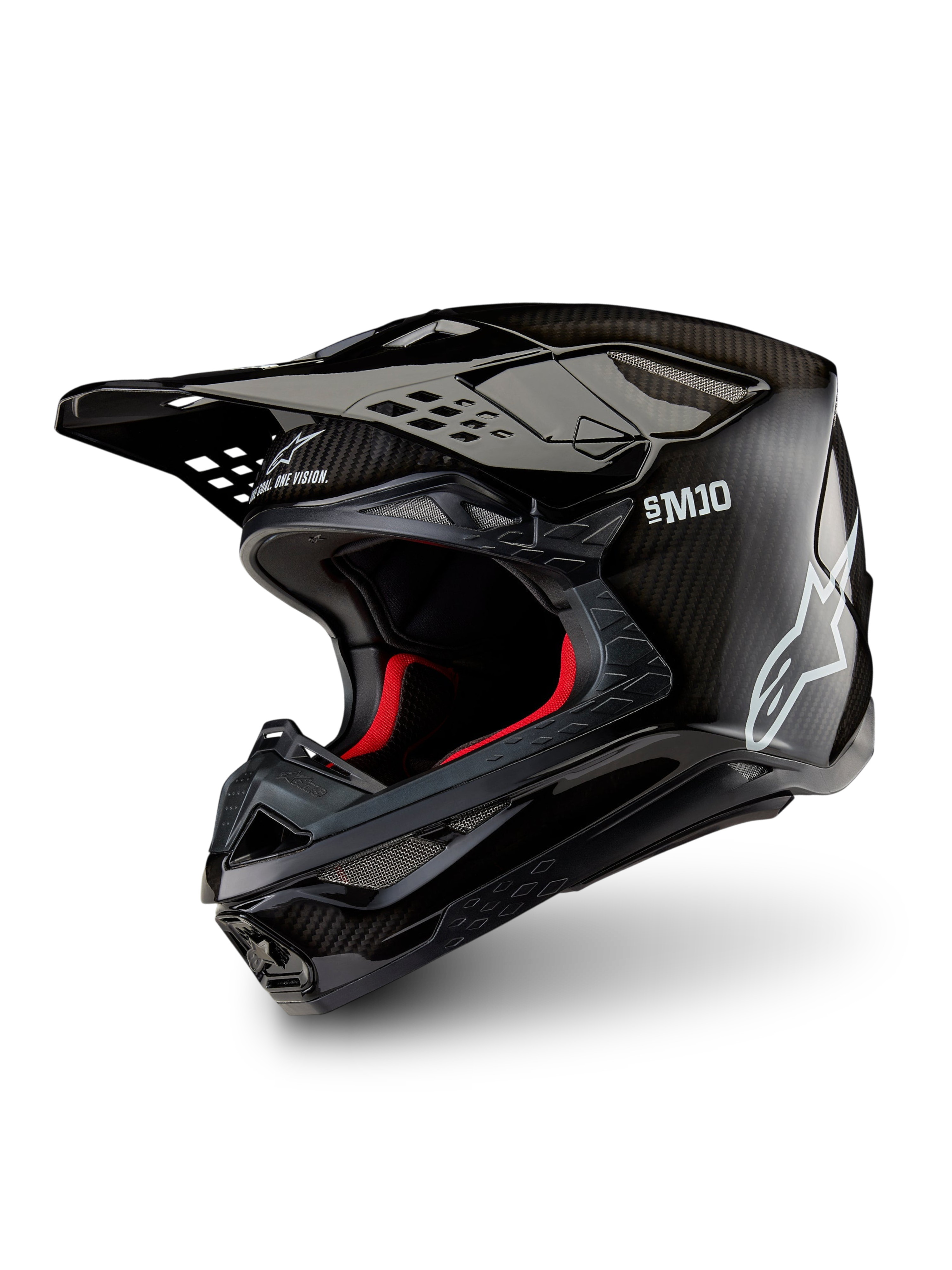Alpinestars Supertech M10 Solid helm ECE 22.06, glanzend zwarte carbon-motocrosshelm met koolstofvezelschaal, vizierklep en rode binnenvoering, driekwartaanzicht