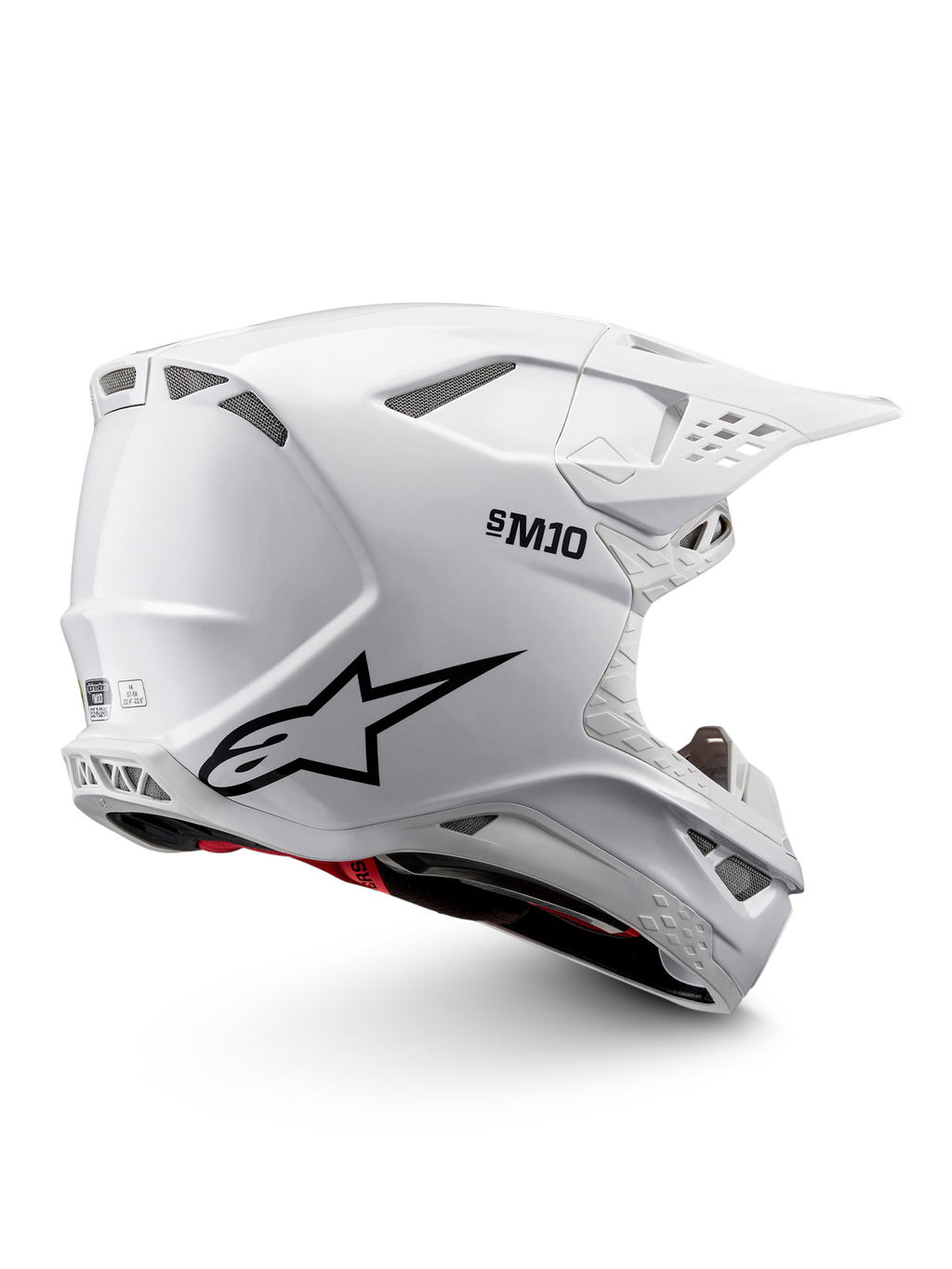 Alpinestars Supertech M10 Solid Helm ECE 22.06, weiß glänzender Motocross-Helm mit schwarzen Grafiken, roten Akzenten, Belüftungsöffnungen und Schirmvisier