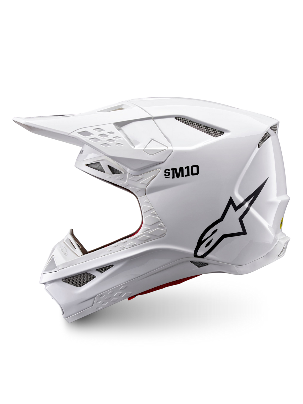 Alpinestars Supertech M10 Solid Helm ECE 22.06, glänzend weißer Motocross-Helm mit schwarzem Logo, Seitenansicht und mehreren Belüftungsöffnungen