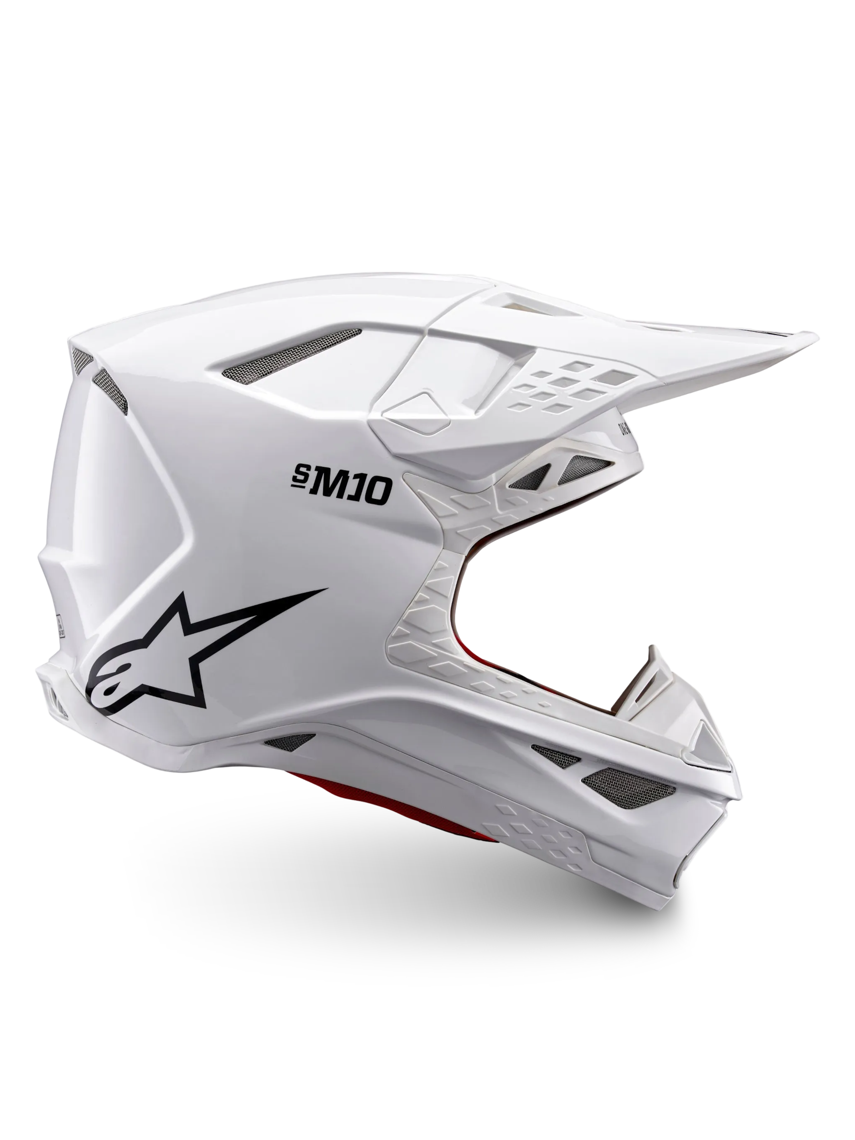 Alpinestars Supertech M10 Solid Helm ECE 22.06, weiß glänzender Motocross-Helm mit schwarzem Logo, Visier und belüftetem Vollvisierdesign, Seitenansicht