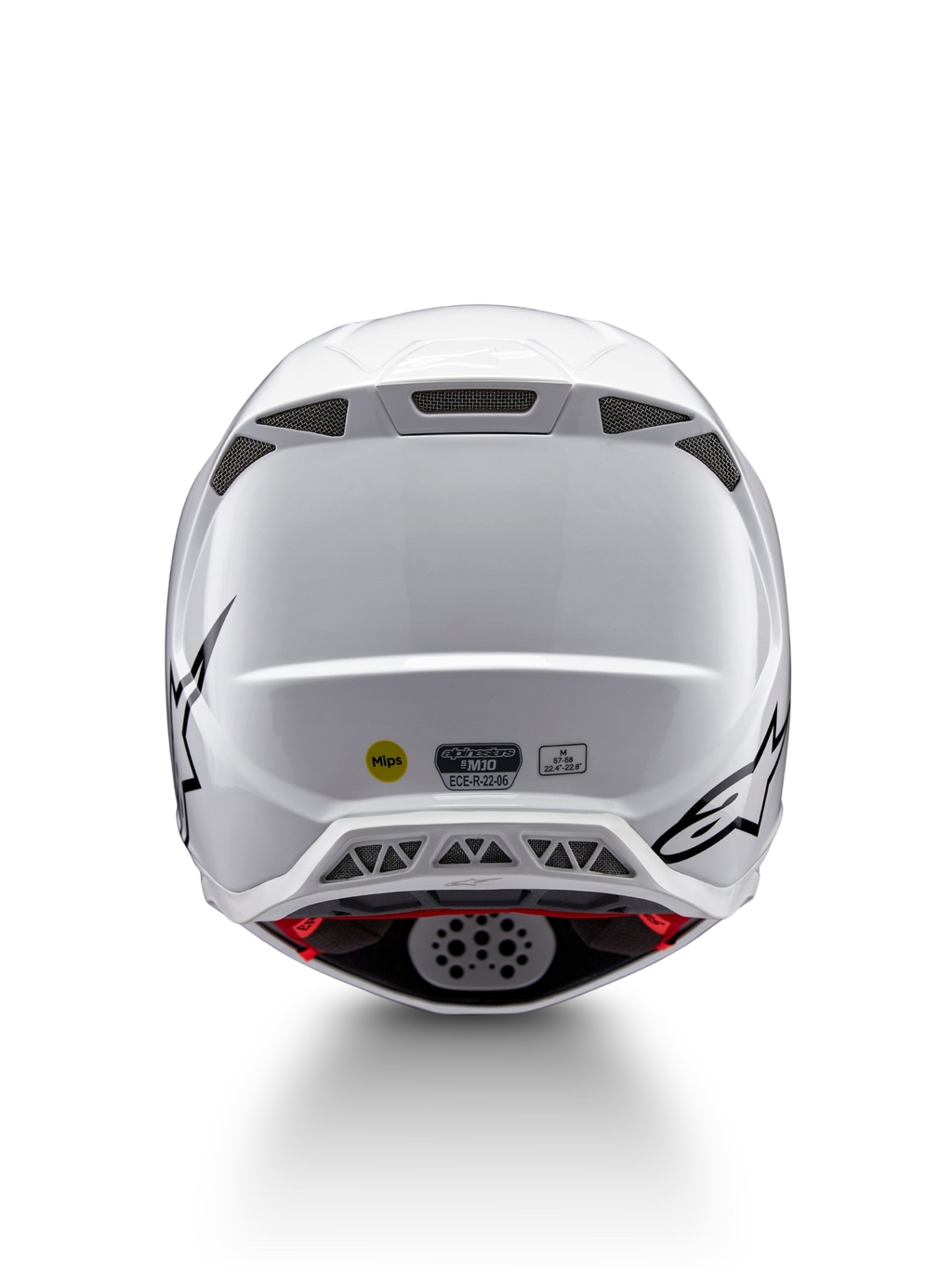 Alpinestars Supertech M10 Solid Helm ECE 22.06, weiß glänzender Motocross-Helm von hinten mit schwarzen Grafiken, Belüftungsöffnungen, MIPS- und ECE-22.06-Kennzeichnung