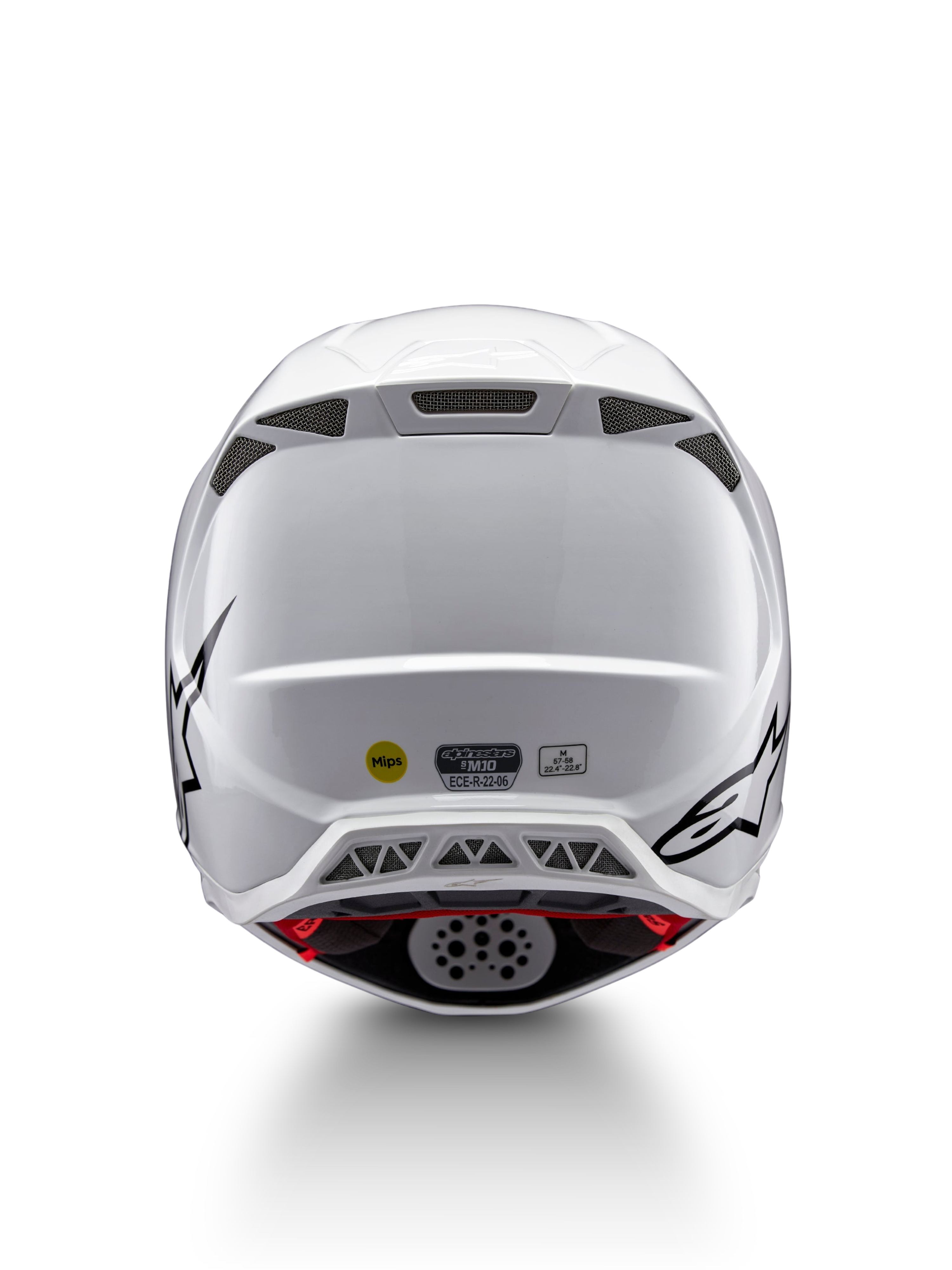 Alpinestars Supertech M10 Solid Helm ECE 22.06, weiß glänzender Motocross-Helm von hinten mit schwarzen Grafiken, Belüftungsöffnungen, MIPS- und ECE-22.06-Kennzeichnung