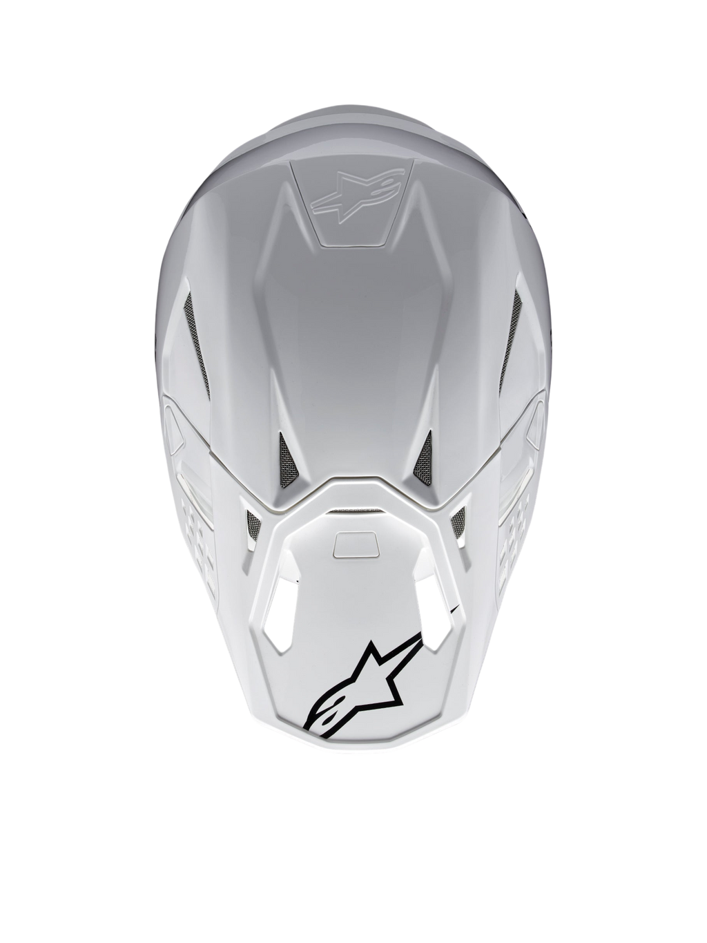 Alpinestars Supertech M10 Solid Helm, weiß glänzender Motocross-Helm in Rückansicht mit Belüftungsöffnungen und schwarzen Alpinestars-Logos, Carbon- und Aramidkompositschale, ECE 22.06-zertifiziert
