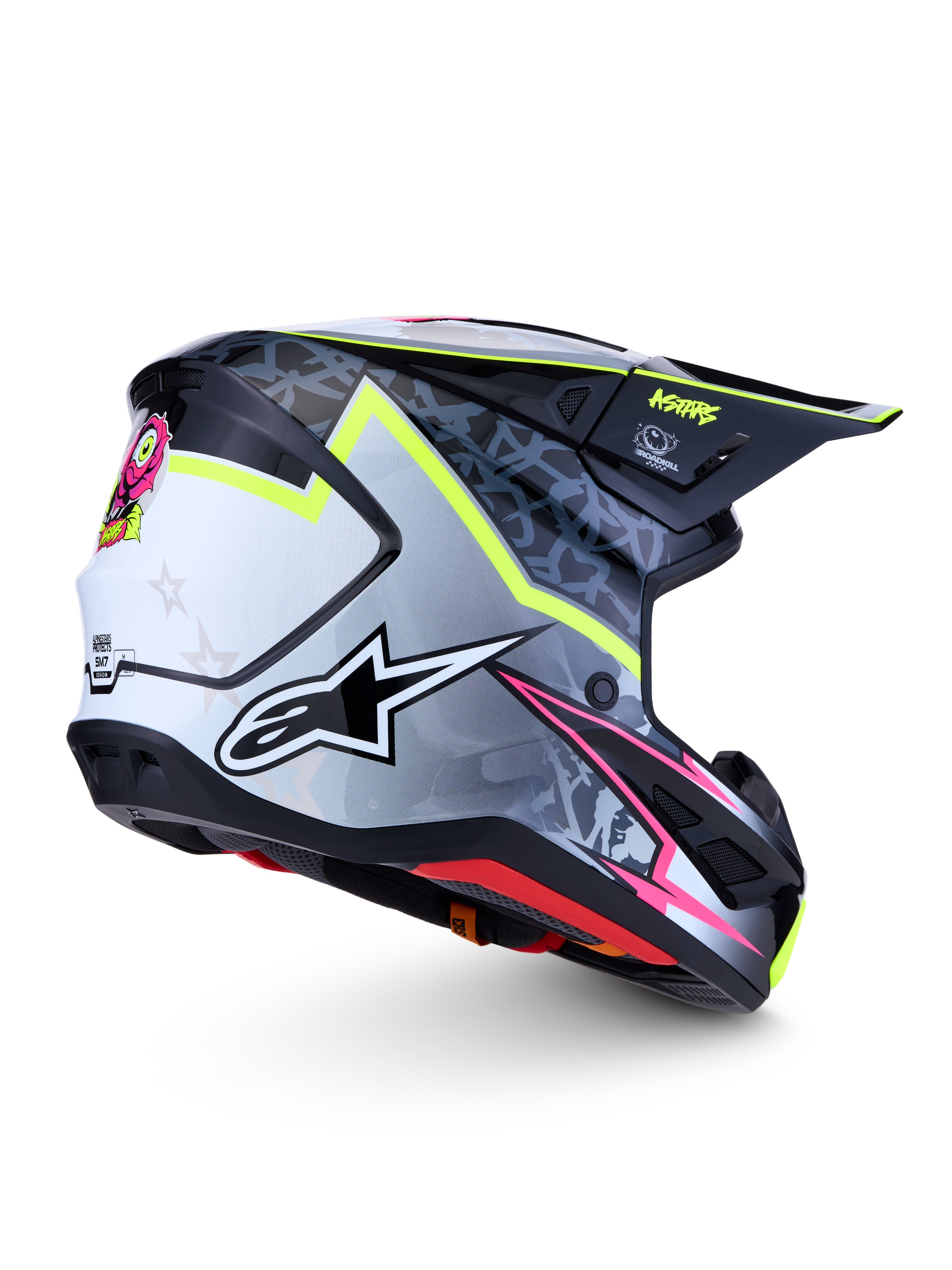 Alpinestars S-M7 Blaster helm, motocrosshelm voor off-road racing, zwart en grijs met fluorgele accenten, ECE06-gecertificeerd