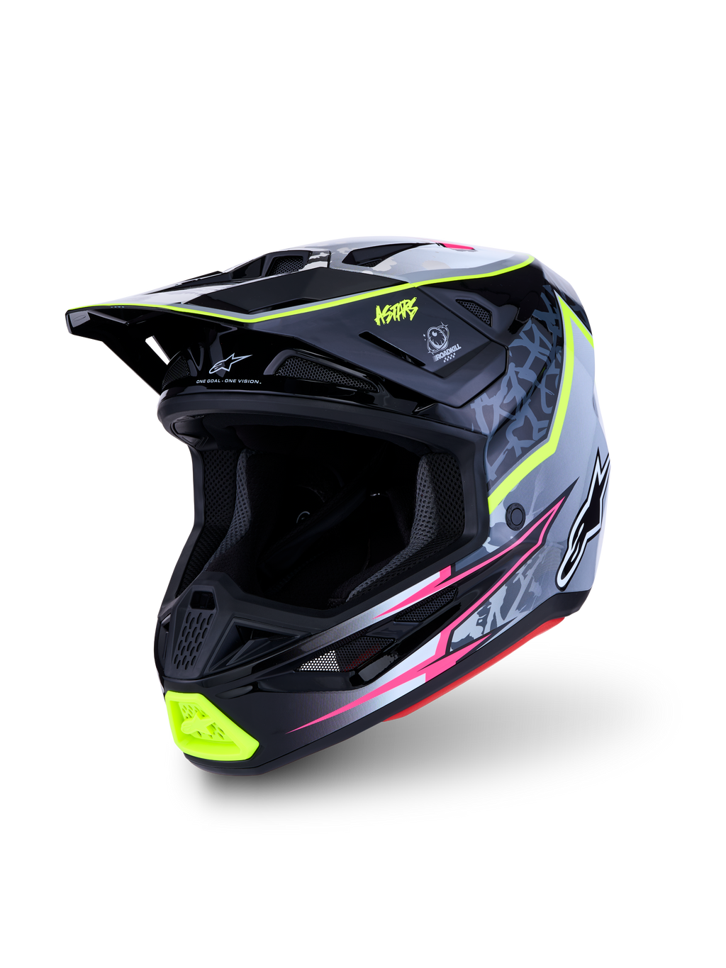 Alpinestars S-M7 Blaster motorcrosshelm, zwart en grijs met fluor geel, composietschaal, ECE 22.06 gecertificeerd.