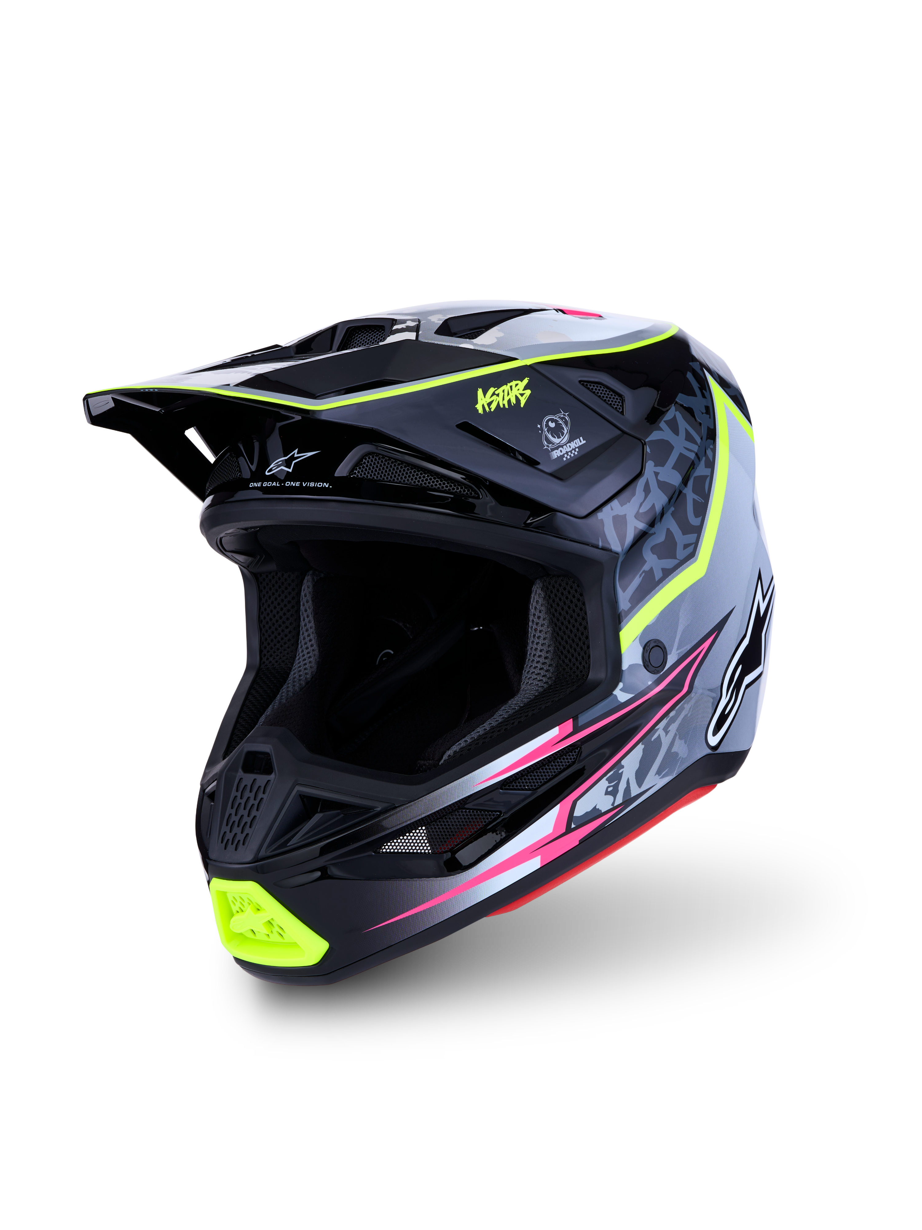 Alpinestars S-M7 Blaster motorcrosshelm, zwart en grijs met fluor geel, composietschaal, ECE 22.06 gecertificeerd.
