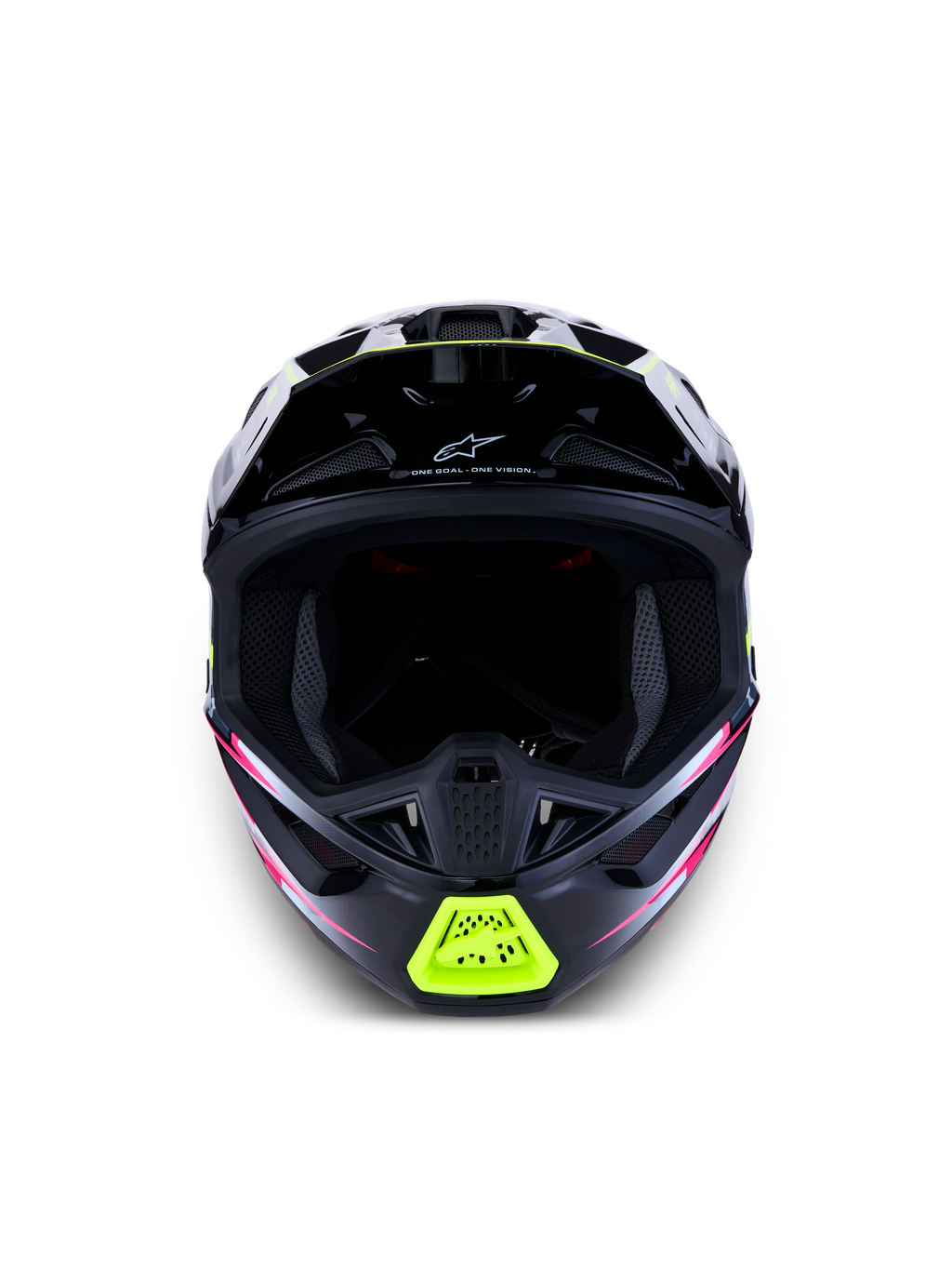Alpinestars S-M7 Blaster helm ECE06, zwarte motorcrosshelm met gele en roze accenten en zichtbare ventilatieopeningen.