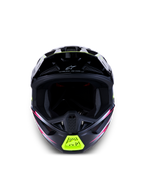 Alpinestars S-M7 Blaster helm ECE06, zwarte motorcrosshelm met gele en roze accenten en zichtbare ventilatieopeningen.