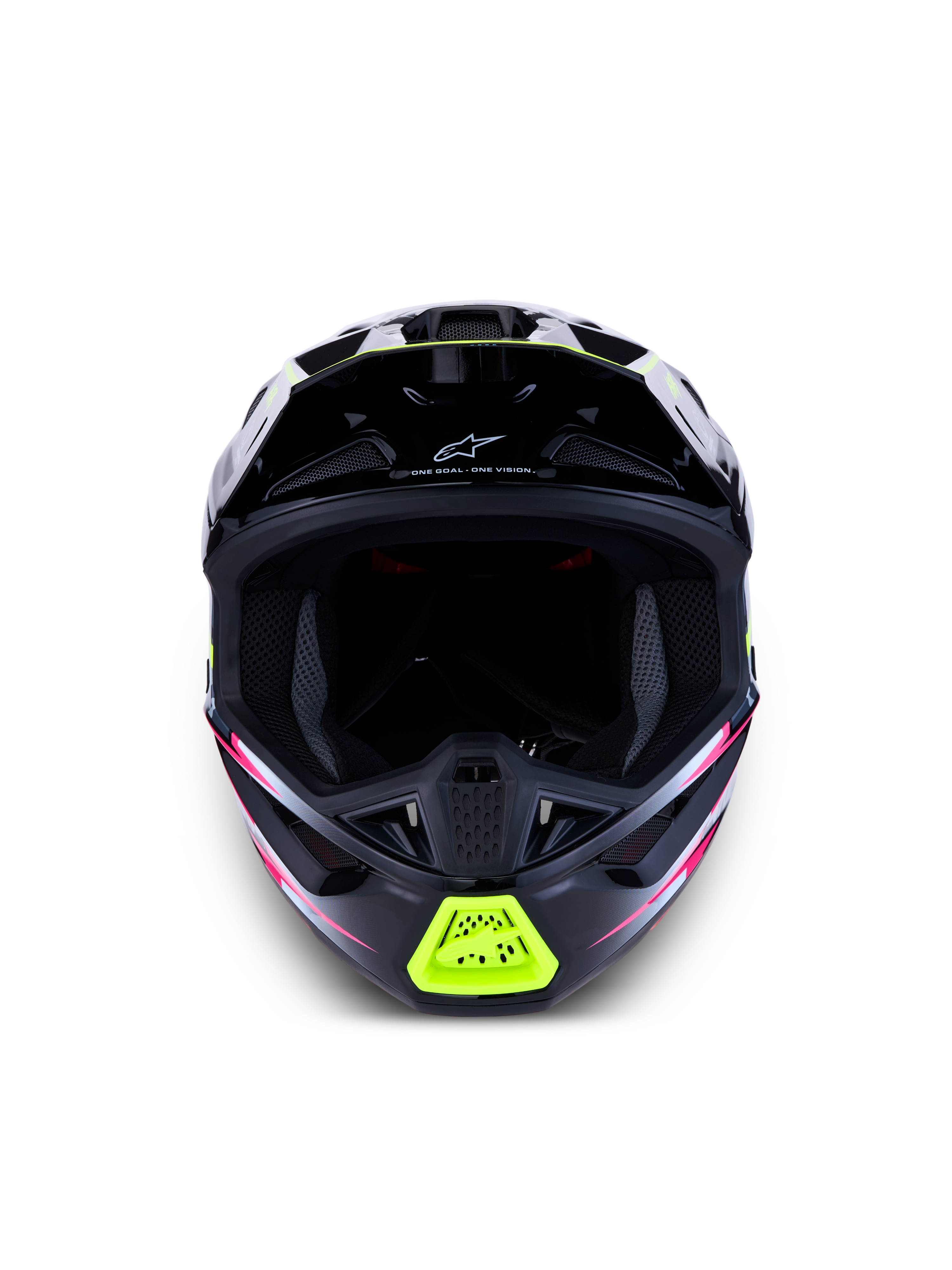 Alpinestars S-M7 Blaster helm ECE06, zwarte motorcrosshelm met gele en roze accenten en zichtbare ventilatieopeningen.