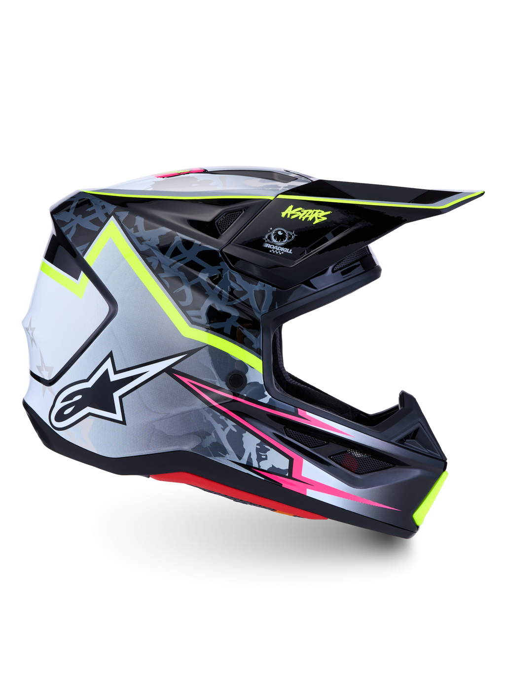 Alpinestars S-M7 Blaster motocrosshelm, zwart en grijs met geel fluo en roze, ECE 22.06 gecertificeerd voor off-road.