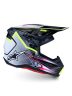 Alpinestars S-M7 Blaster motocrosshelm, zwart en grijs met geel fluo en roze, ECE 22.06 gecertificeerd voor off-road.
