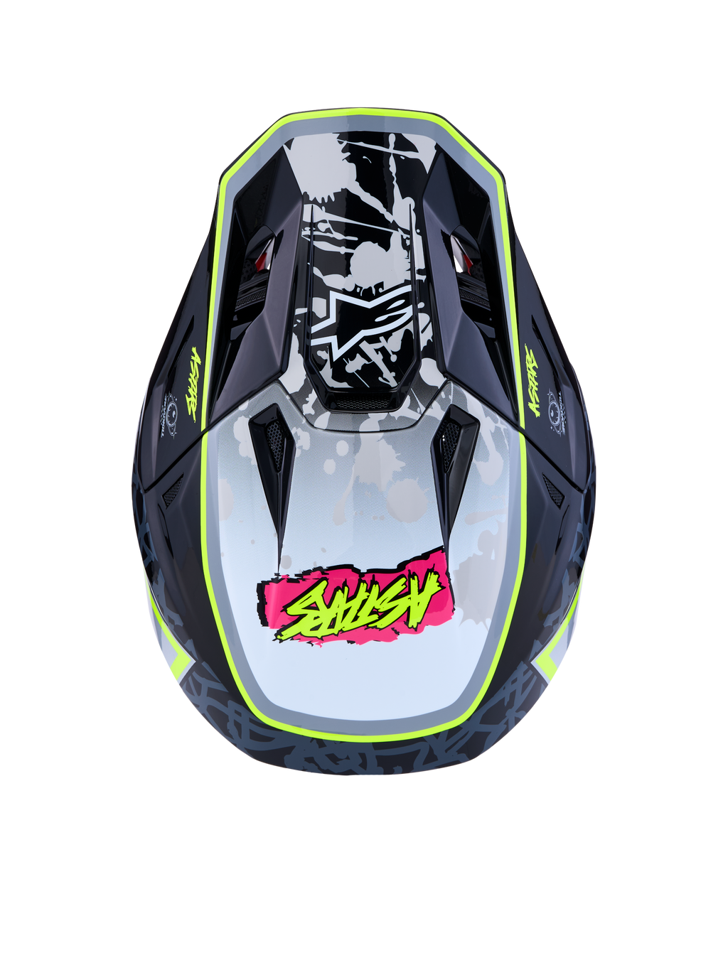 Alpinestars S-M7 Blaster helm ECE06, zwart en geel fluo motorcrosshelm, bovenaanzicht met aerodynamische schaal.