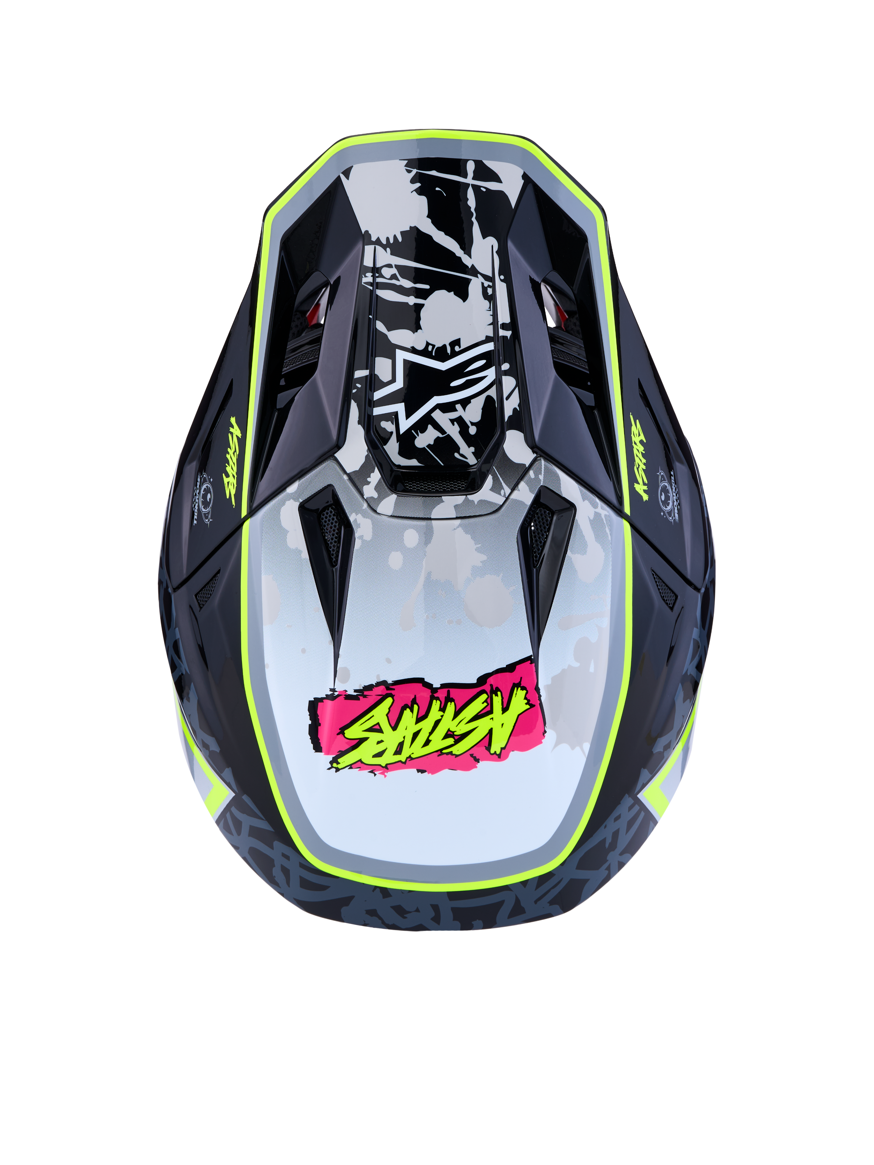 Alpinestars S-M7 Blaster helm ECE06, zwart en geel fluo motorcrosshelm, bovenaanzicht met aerodynamische schaal.