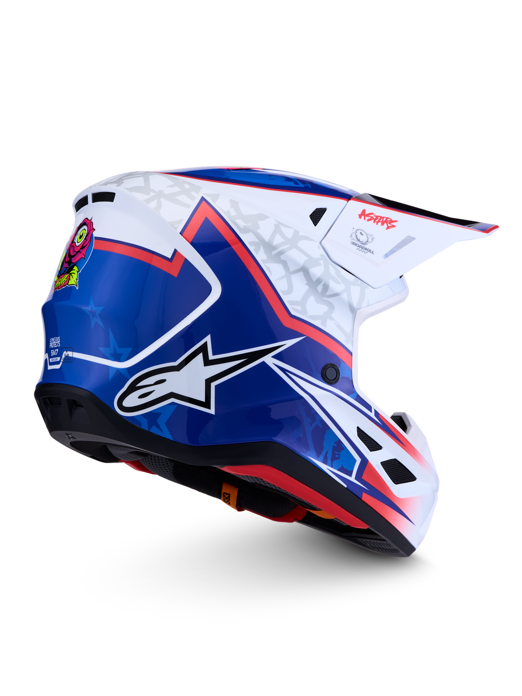 Alpinestars S-M7 Blaster helm, motorcrosshelm, blauw en wit met rode accenten, aerodynamische schaal, ECE-gecertificeerd.