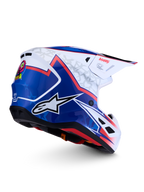 Alpinestars S-M7 Blaster helm, motorcrosshelm, blauw en wit met rode accenten, aerodynamische schaal, ECE-gecertificeerd.