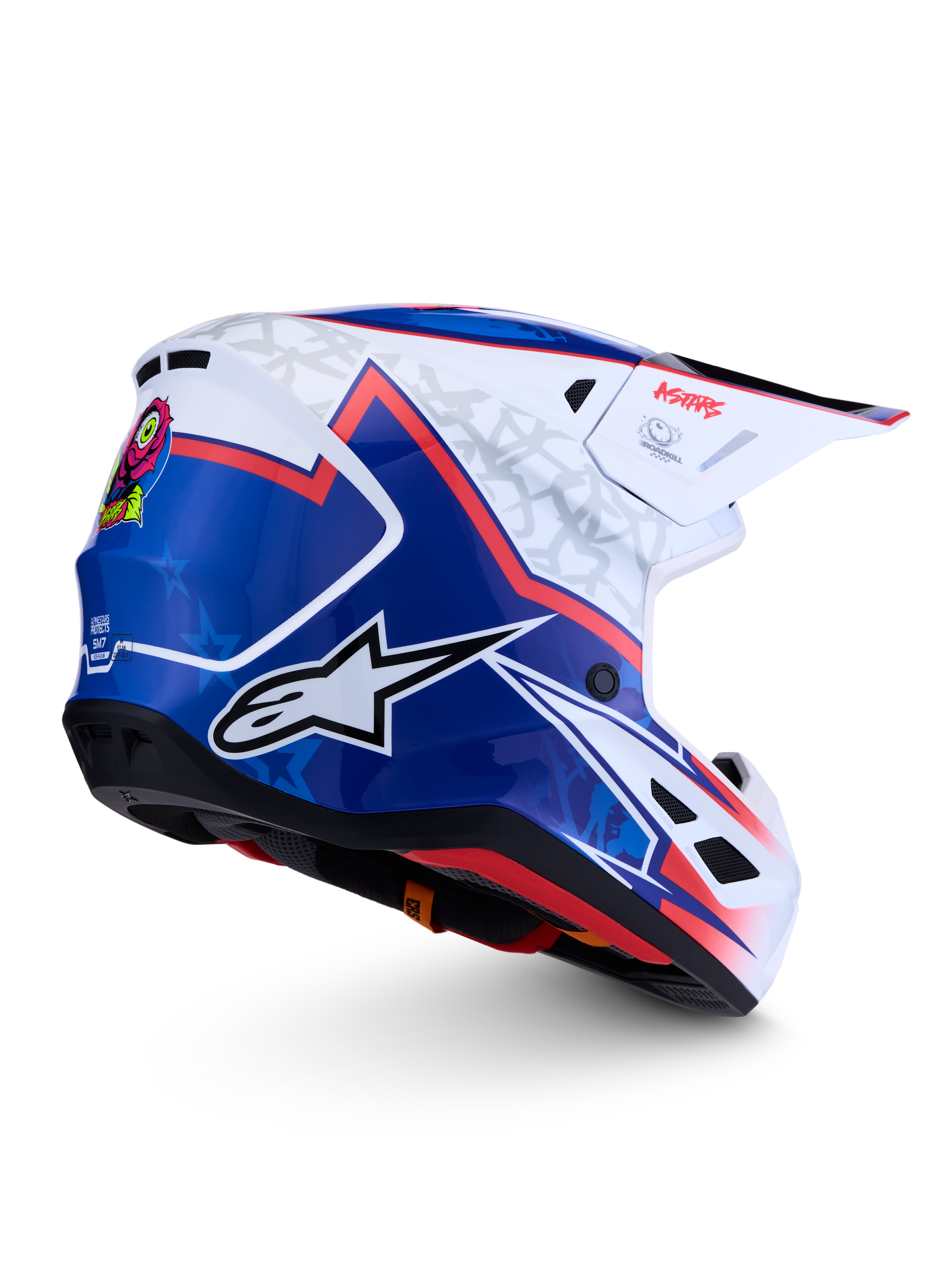 Alpinestars S-M7 Blaster helm, motorcrosshelm, blauw en wit met rode accenten, aerodynamische schaal, ECE-gecertificeerd.
