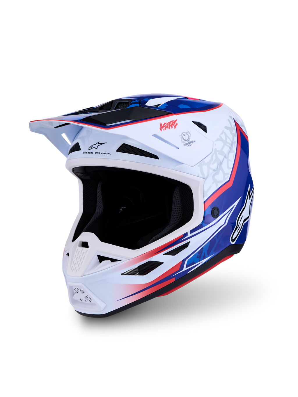Alpinestars S-M7 Blaster Helm ECE06, glanzende witte, blauwe en rode motocrosshelm, lichtgewicht, ECE 22.06-gecertificeerd.