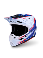 Alpinestars S-M7 Blaster Helm ECE06, glanzende witte, blauwe en rode motocrosshelm, lichtgewicht, ECE 22.06-gecertificeerd.