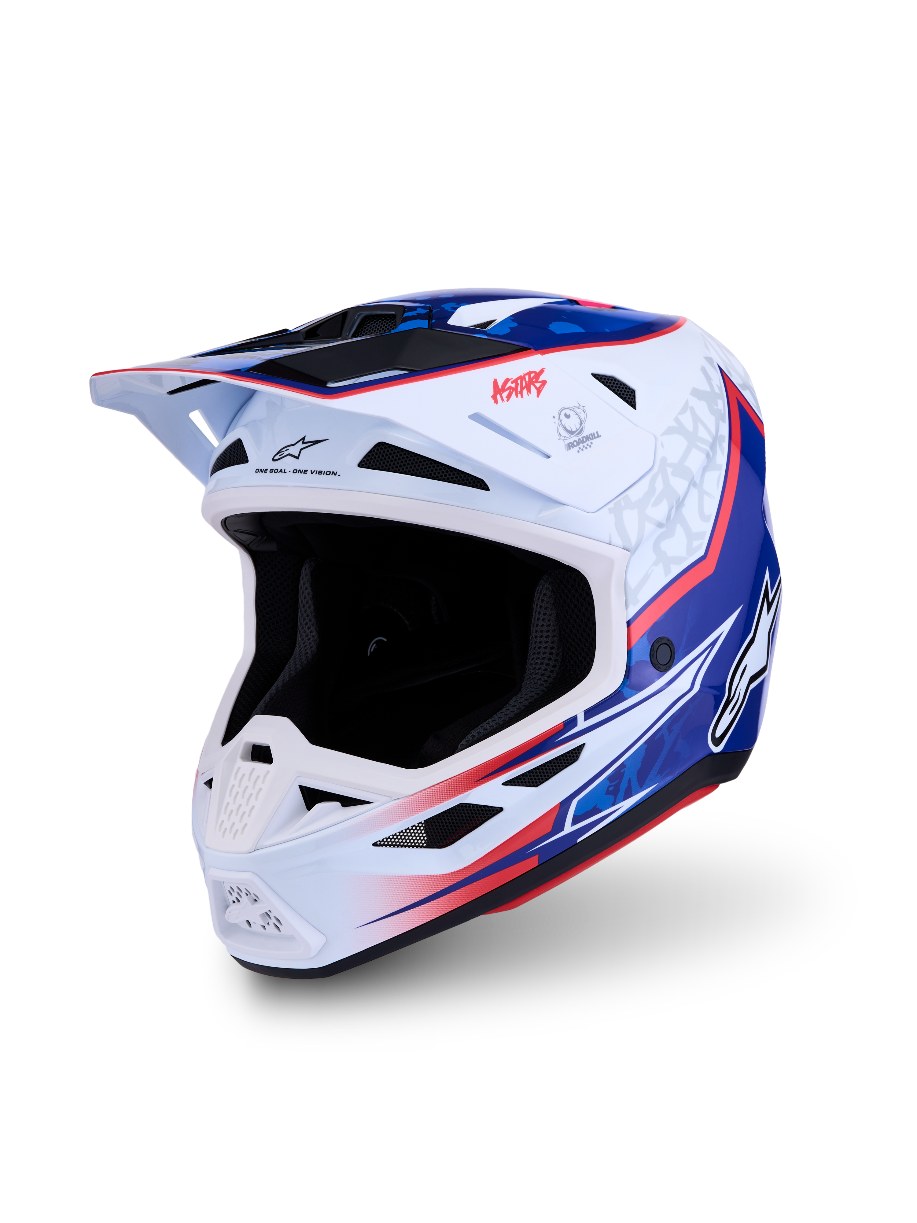 Alpinestars S-M7 Blaster Helm ECE06, glanzende witte, blauwe en rode motocrosshelm, lichtgewicht, ECE 22.06-gecertificeerd.