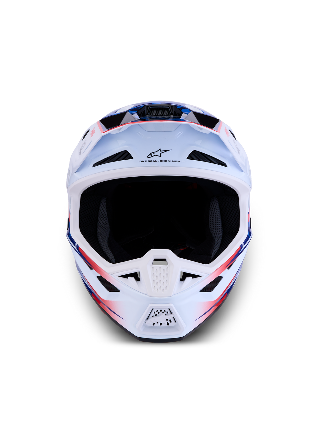 Alpinestars S-M7 Blaster helm, motocrosshelm voor off-road racing, wit, blauw en rood, lichtgewicht composietschaal, ECE 22.06-gecertificeerd