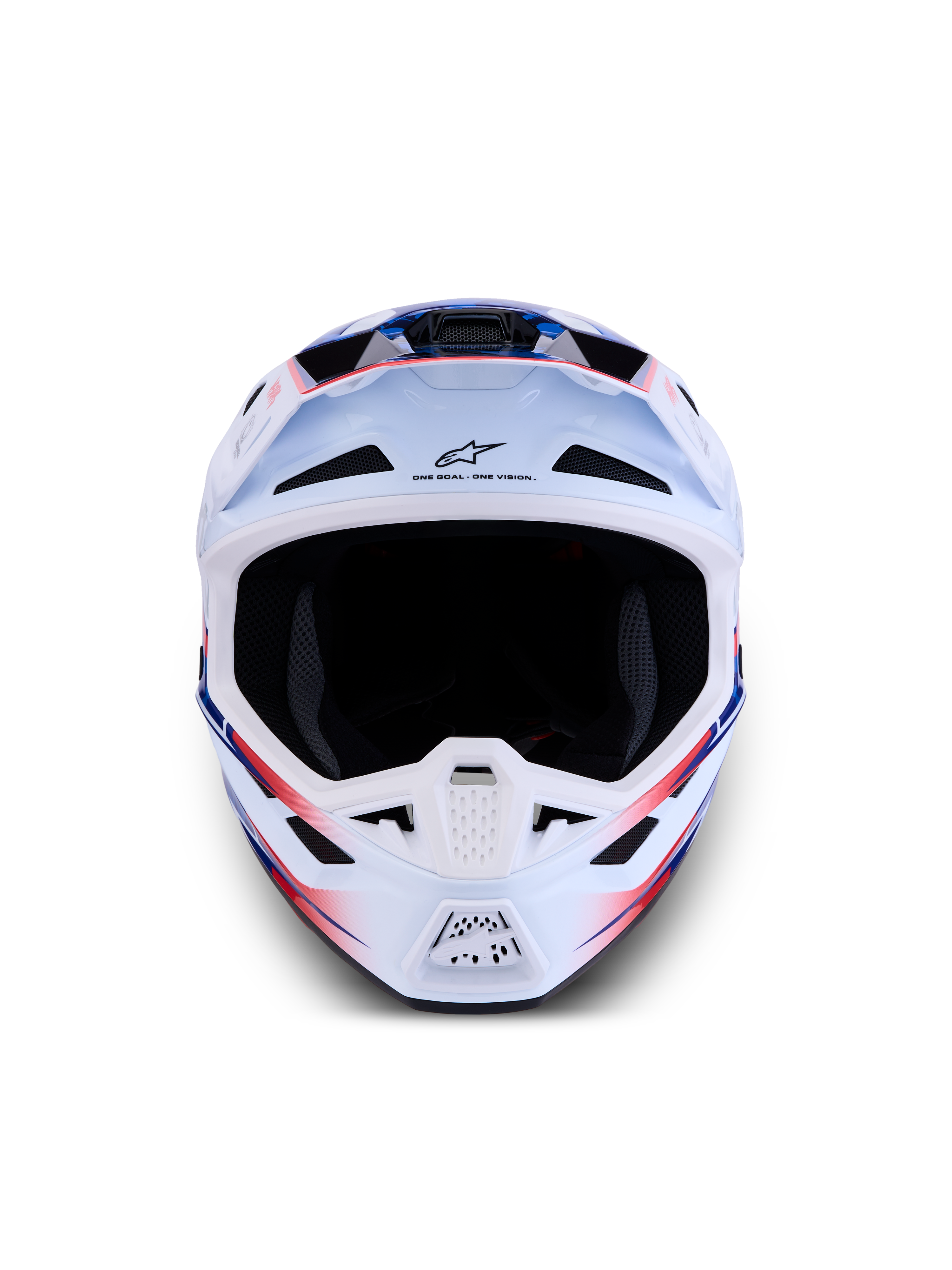 Alpinestars S-M7 Blaster helm, motocrosshelm voor off-road racing, wit, blauw en rood, lichtgewicht composietschaal, ECE 22.06-gecertificeerd