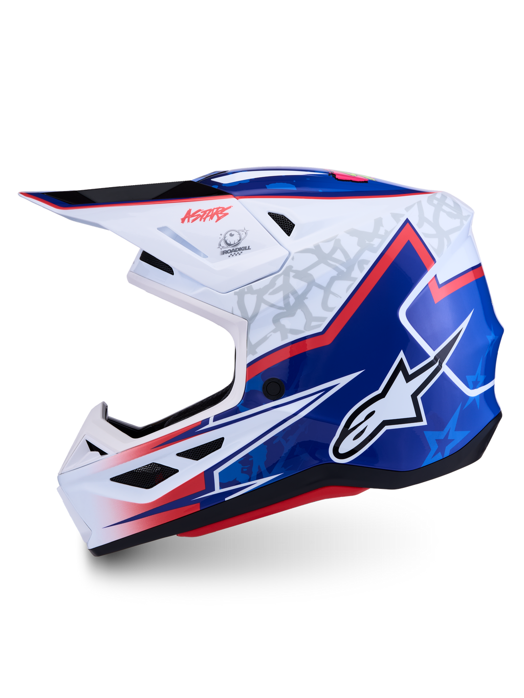 Alpinestars S-M7 Blaster Helm ECE06, glanzende motorcrosshelm voor off-road gebruik, wit en blauw met rode accenten, ECE 22.06 gecertificeerd.