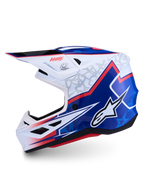 Alpinestars S-M7 Blaster Helm ECE06, glanzende motorcrosshelm voor off-road gebruik, wit en blauw met rode accenten, ECE 22.06 gecertificeerd.
