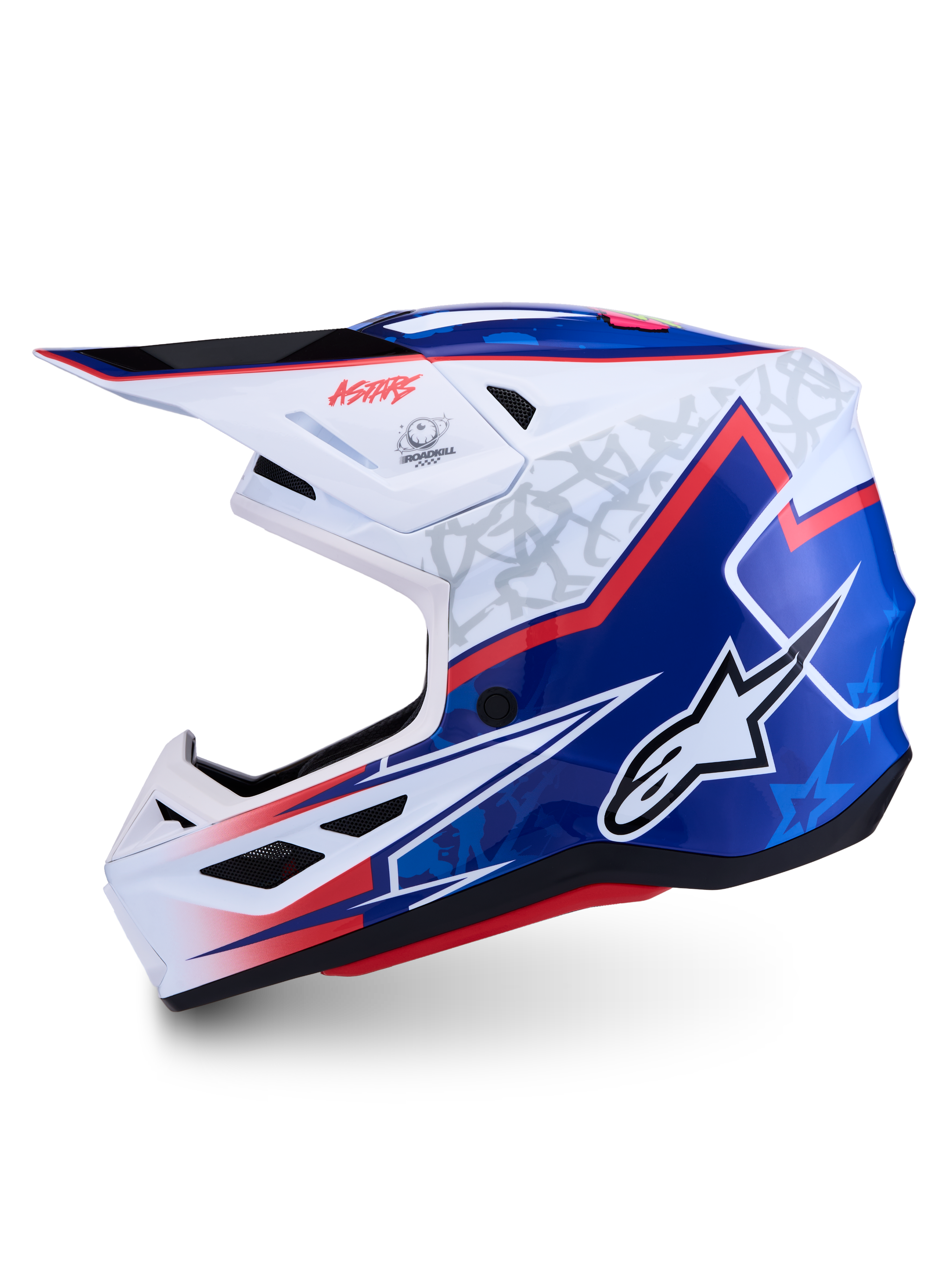 Alpinestars S-M7 Blaster Helm ECE06, glanzende motorcrosshelm voor off-road gebruik, wit en blauw met rode accenten, ECE 22.06 gecertificeerd.