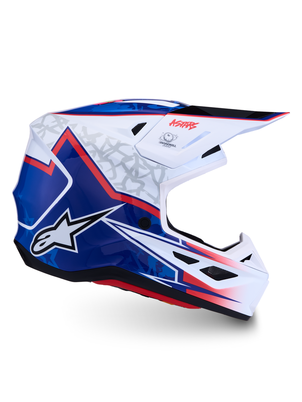 Alpinestars S-M7 Blaster helm, motocrosshelm, wit, blauw en rood, ECE 22.06-gecertificeerd, aerodynamische composietschaal.