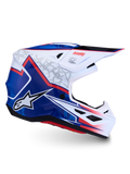 Alpinestars S-M7 Blaster Motocross-Helm, glänzende Verbundschale in Weiß, Blau und Rot, ECE-22.06-zertifiziert.
